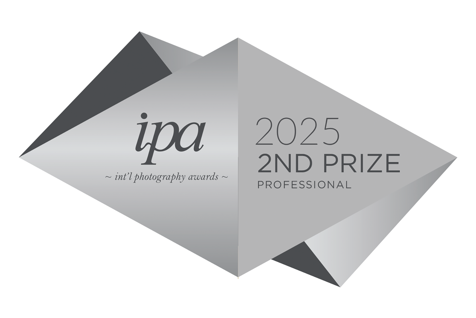 A grayscale geometric award trophy with the IPA logo, the text '2025 2nd Prize Professional,' and 'int'l photography awards' inscribed on it.