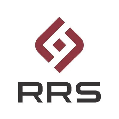 A logo with a stylized diamond shape above the letters 'RRS' in black.