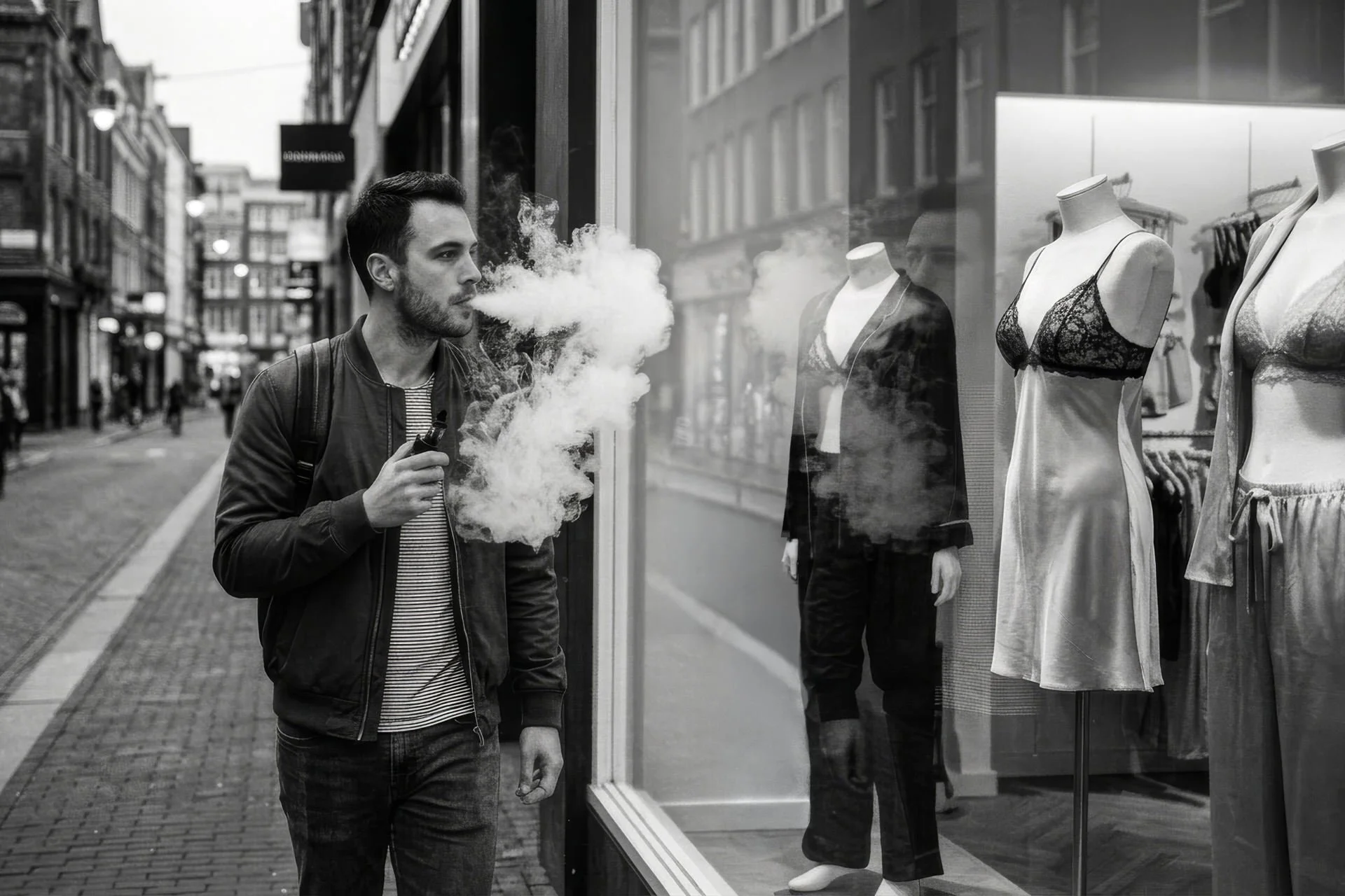 A man in a jacket and striped shirt standing on a city sidewalk during daytime, exhaling vapor while looking at store window mannequins dressed in lingerie.