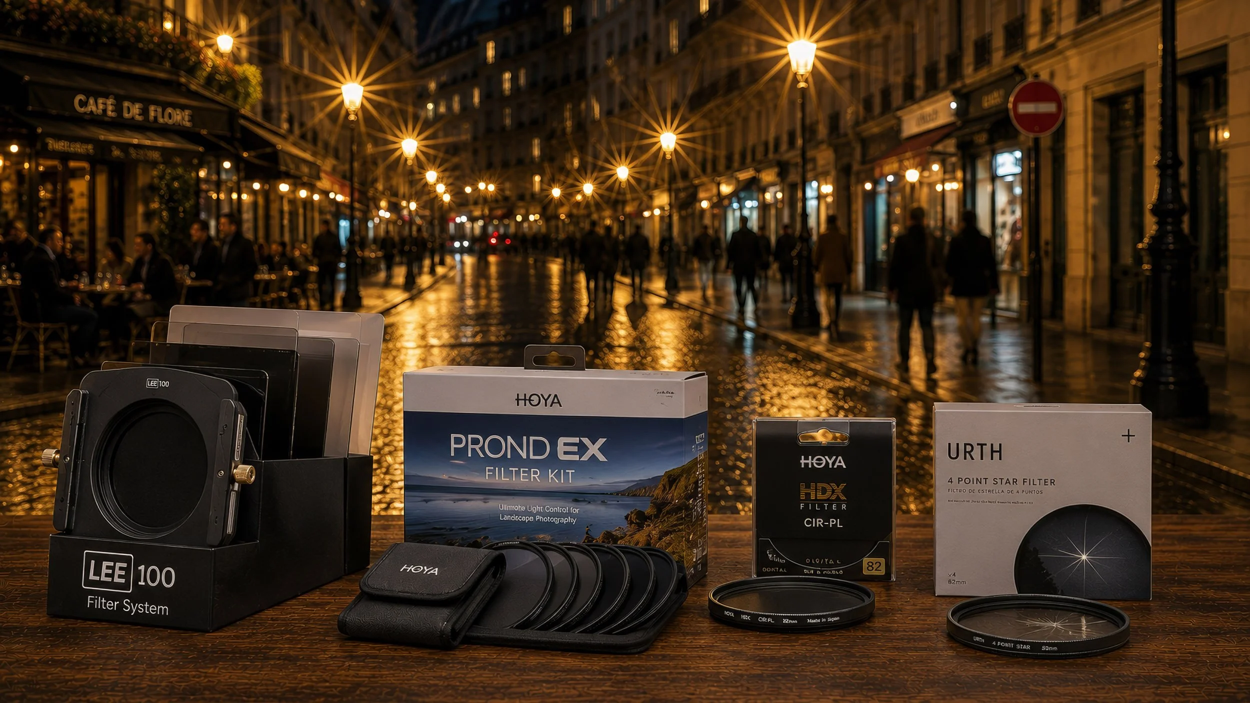 Evening street scene in Paris. On table in foreground several camera filter systems. Huub Keulers Fine-art photography.