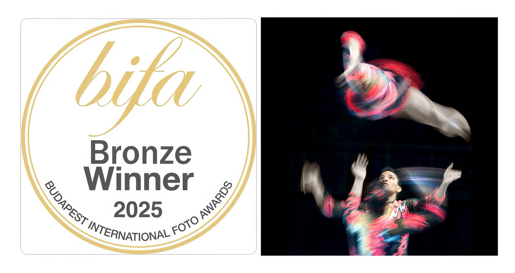 Award badge for Bita, Bronze Winner 2025 at the Budapest International Photo Awards on the left; a female gymnast in a colorful, flowing costume performing a move with a ribbon on the right.