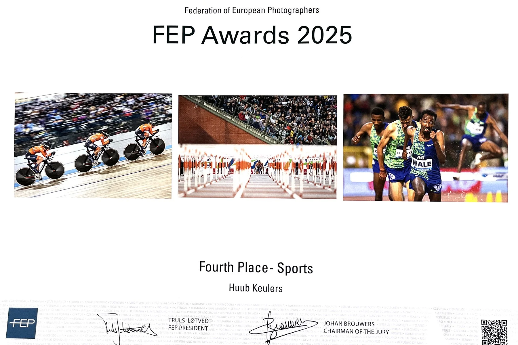 Certificate titled 2025 FEP Awards from the Federation of European Photographers, recognizing fourth place in sports. The certificate features three images: a cycling race, a running race, and a track and field event, with signatures from the FEP president and the chairman of the jury.