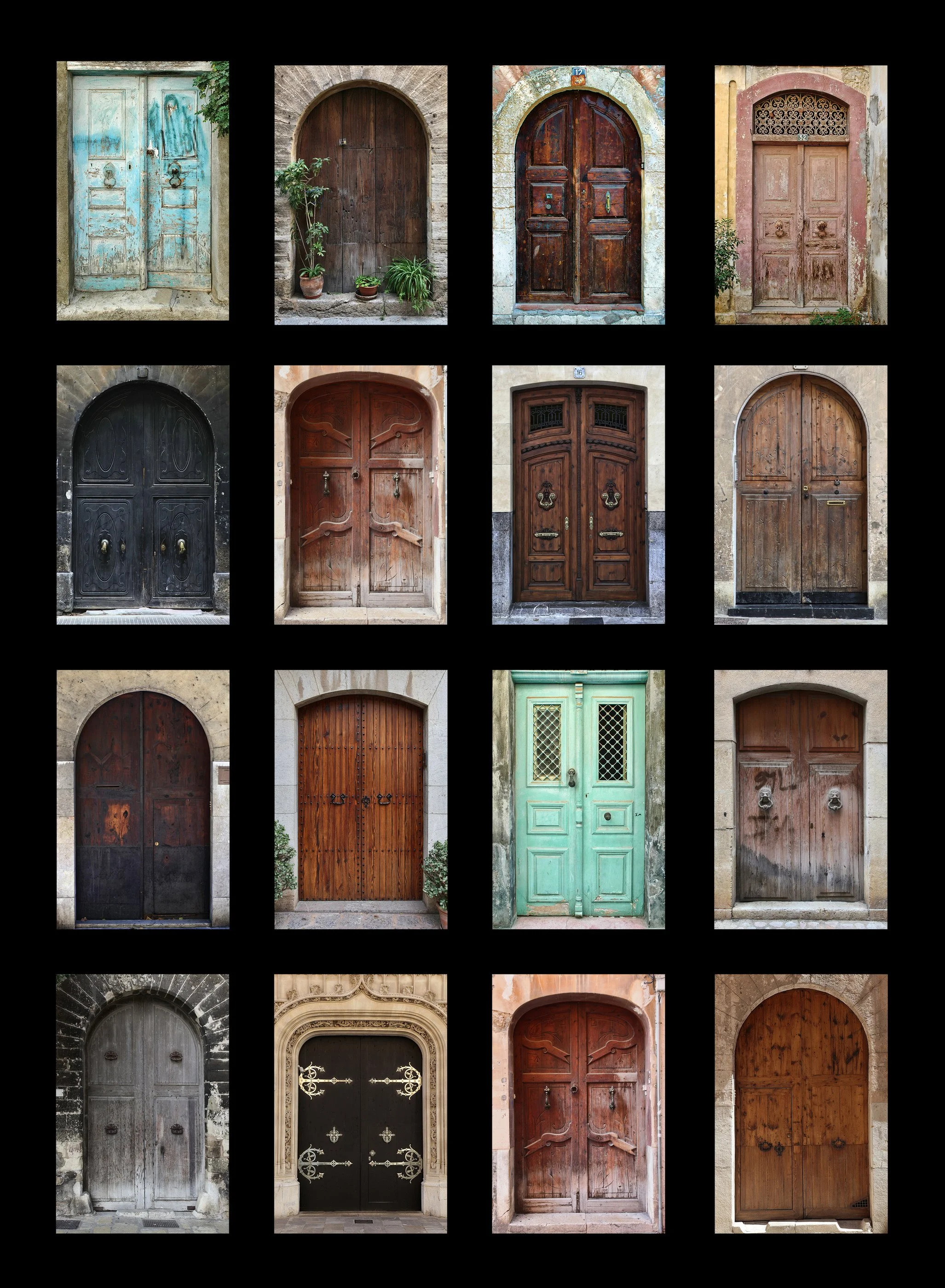 Collage of 12 different vintage and classic doors made of wood, metal, and stone with various designs, colors, and architectural details.