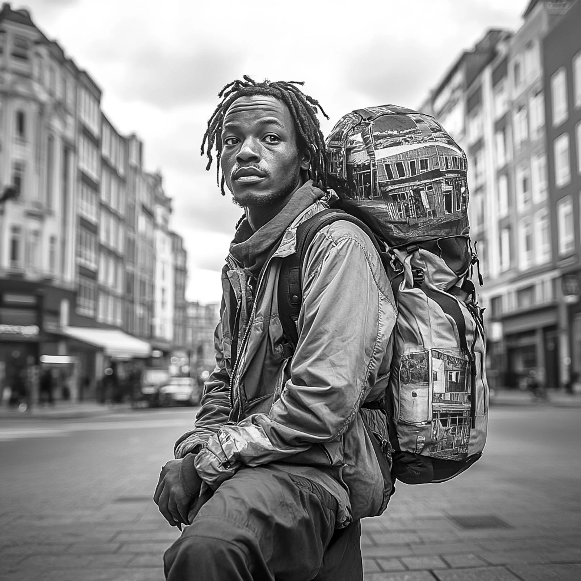 Black-and-white photo of a man with dreadlocks wearing a jacket and backpack, sitting on a stool on a city street with buildings in the background.
