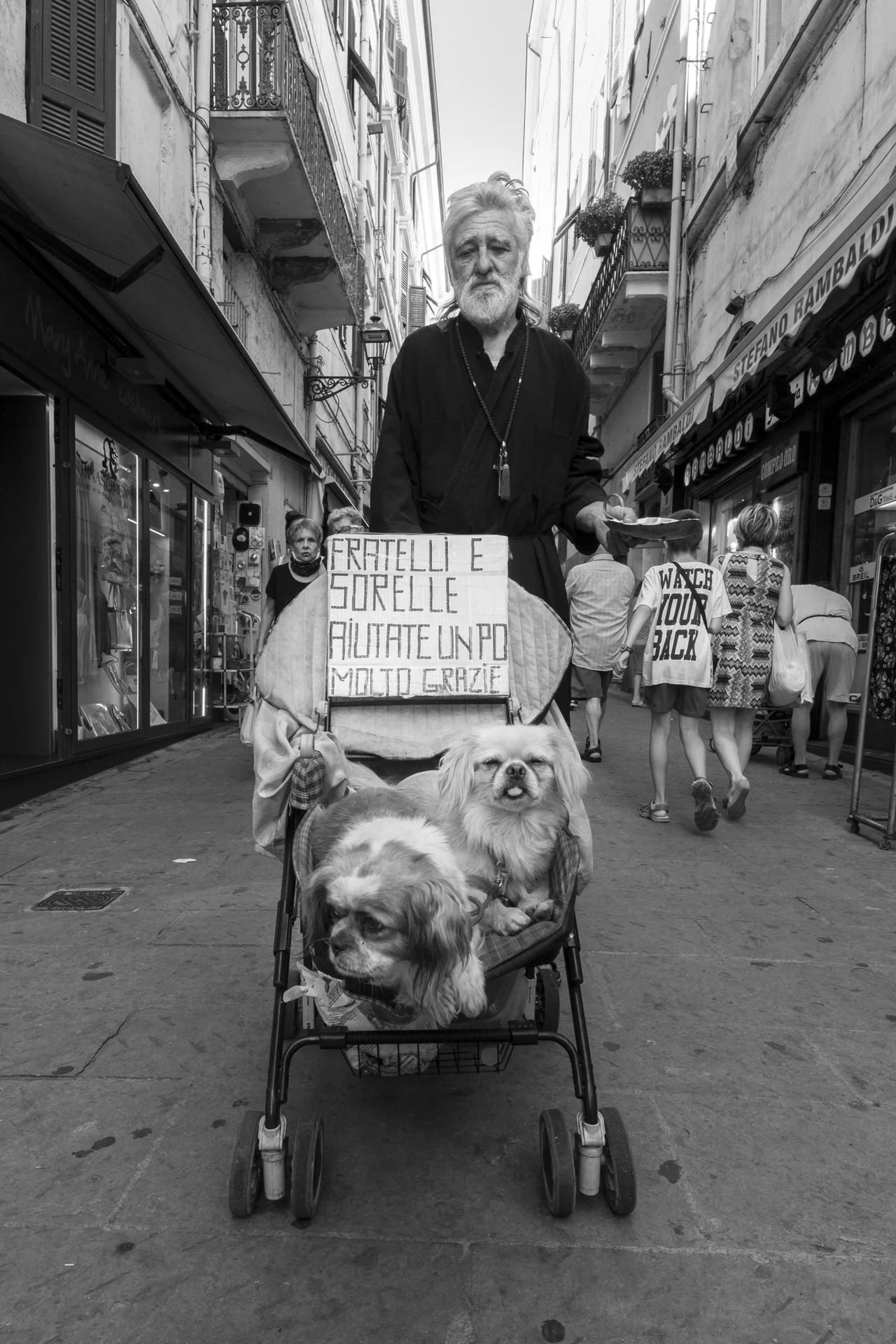 A street scene in a European city with a man pushing a stroller with multiple dogs inside. The man holds a sign in Italian that reads: "Fratelli e sorelle auguri in p." The street is lined with shops, and there are several pedestrians walking in both
