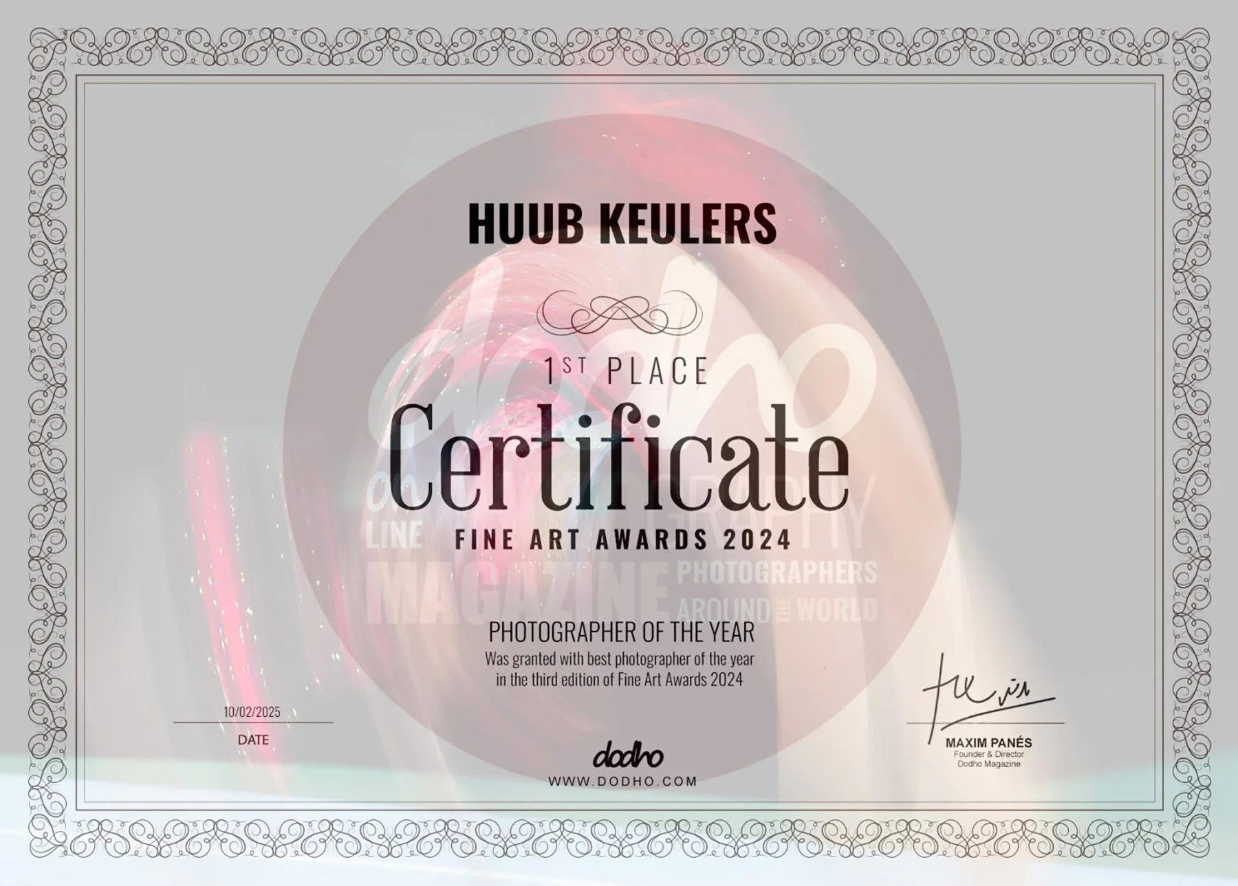 Certificate of achievement awarded to HUUB KEULERS for first place in Fine Art, Photographers of the Year 2024, signed by Maxim Panés, with a decorative border and a faint background image of a photographer.