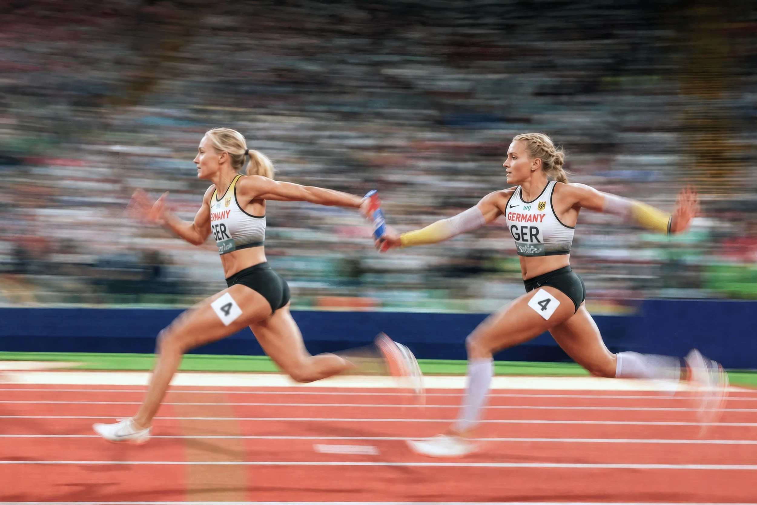 Two female athletes with blonde hair running on a track during a race, wearing sports uniforms with German flags and numbers, with a blurred crowd in the background.