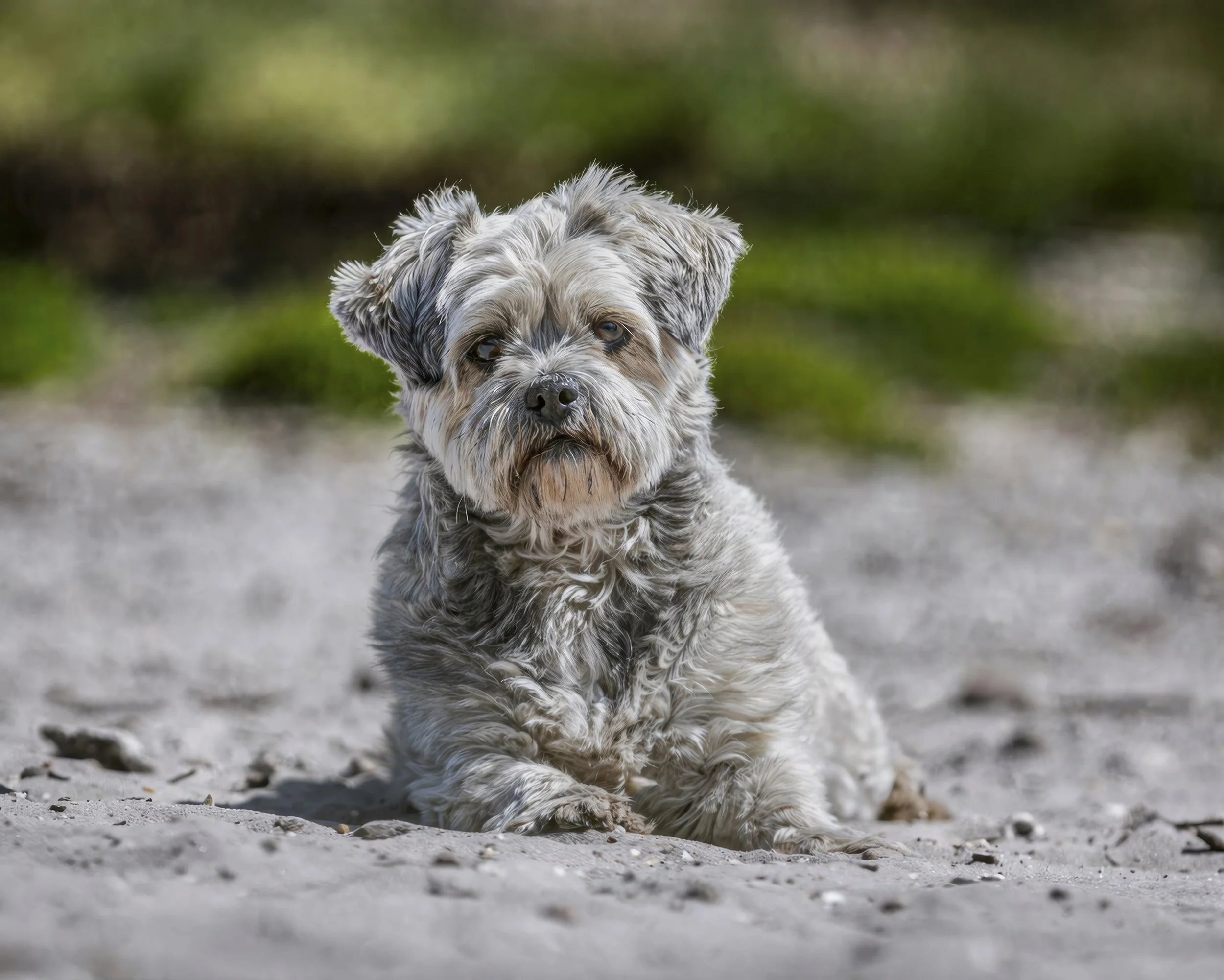 A small, fluffy dog with a gray and white coat, sitting on a sandy surface outdoors with a blurred green background.
