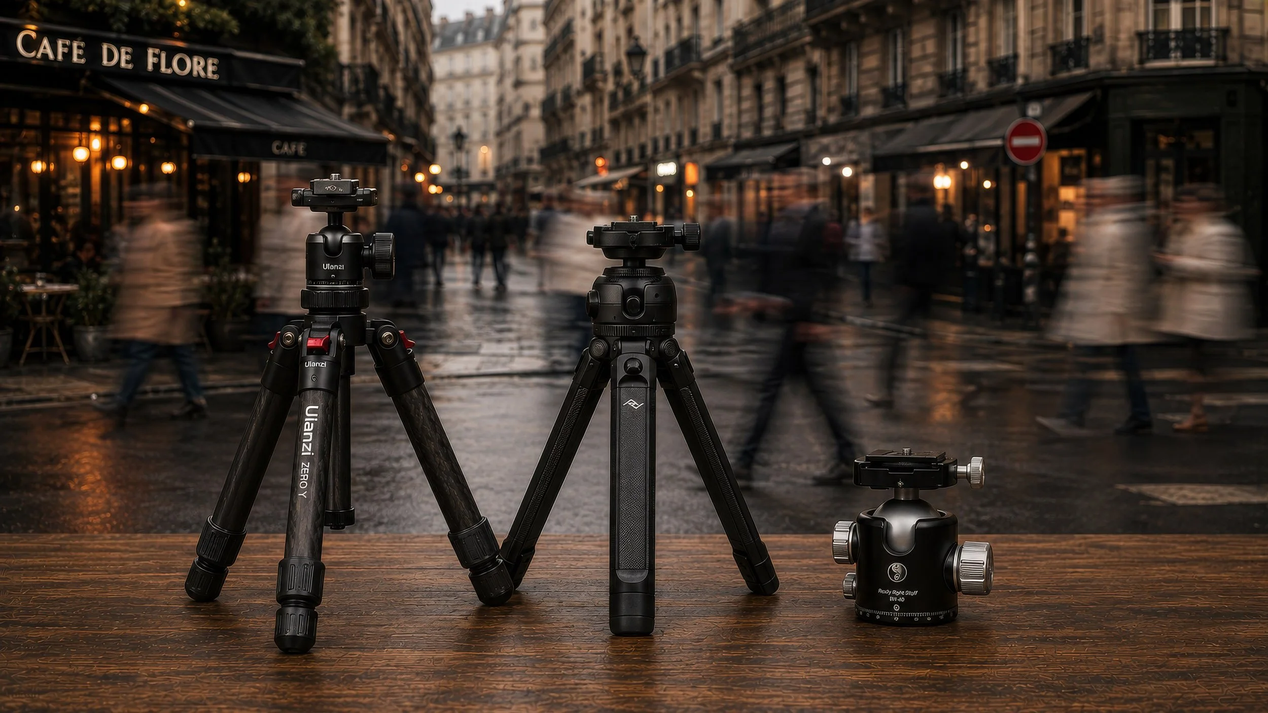 Street scene with several tripods on a table. Fien-art photographer Huub Keulers.