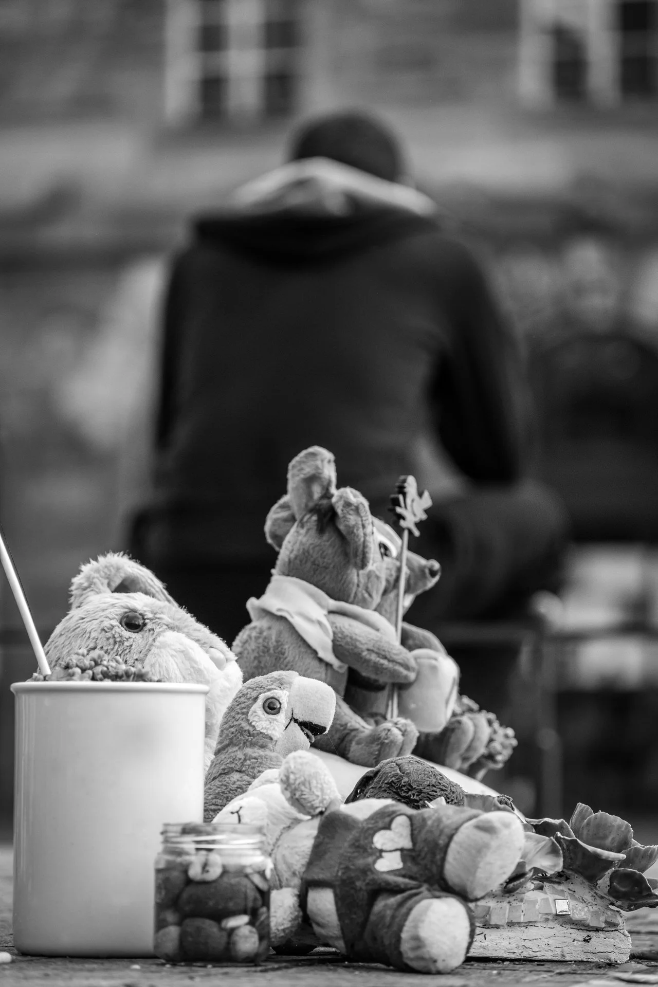 A collection of stuffed animals, including a lion, a bear, and a rabbit, displayed on a table or surface. In the background, a person wearing a dark hoodie is seen from behind, sitting or standing with their back to the camera. The setting appears to