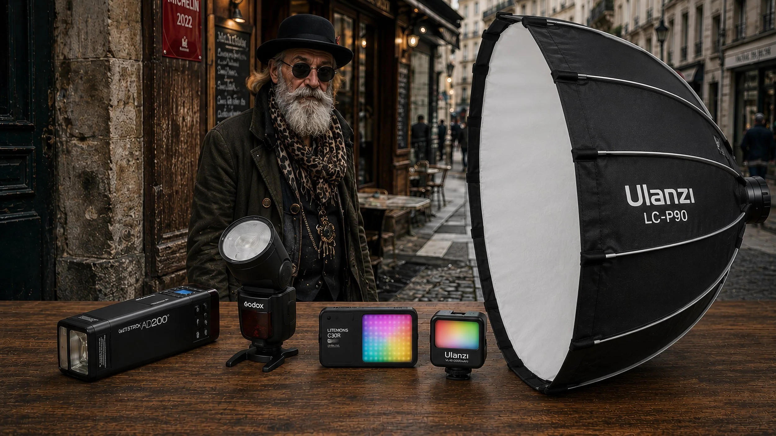 Old man in a street in Paris. In front of him a tabel with lighting gear of fine-art photographer Huub Keulers.