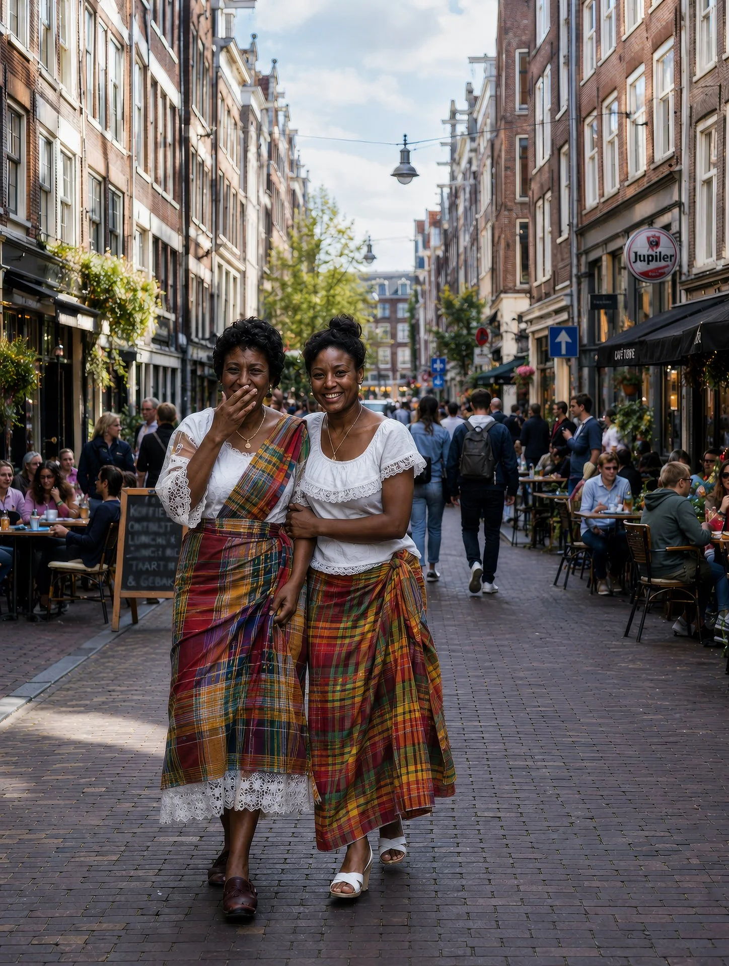 Two women in traditional African attire walking on a busy European city street with outdoor cafes and buildings.