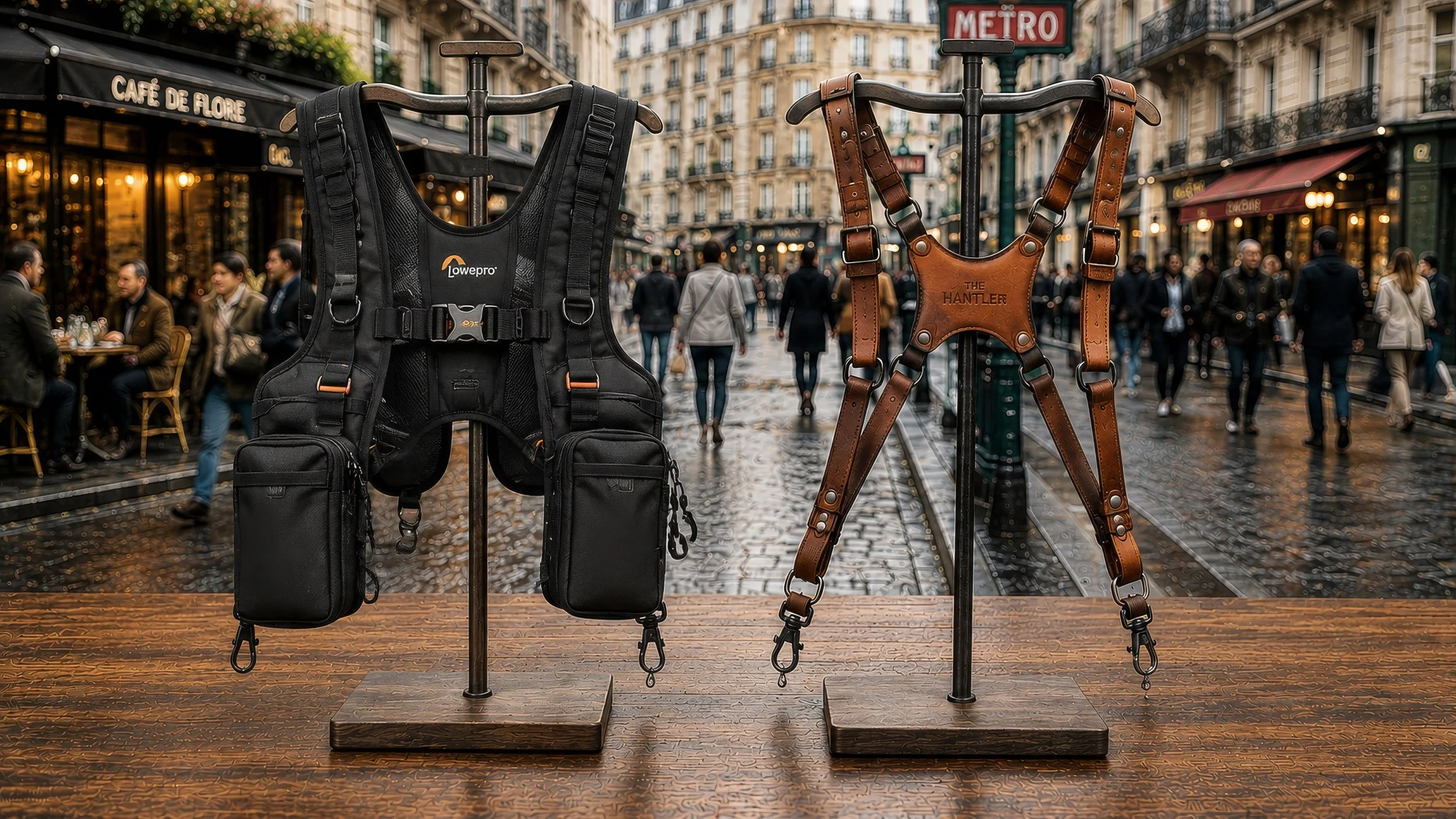 Straat scene in Paris with camera harnesses on a table. Huub Keulers Fine-art photographer.