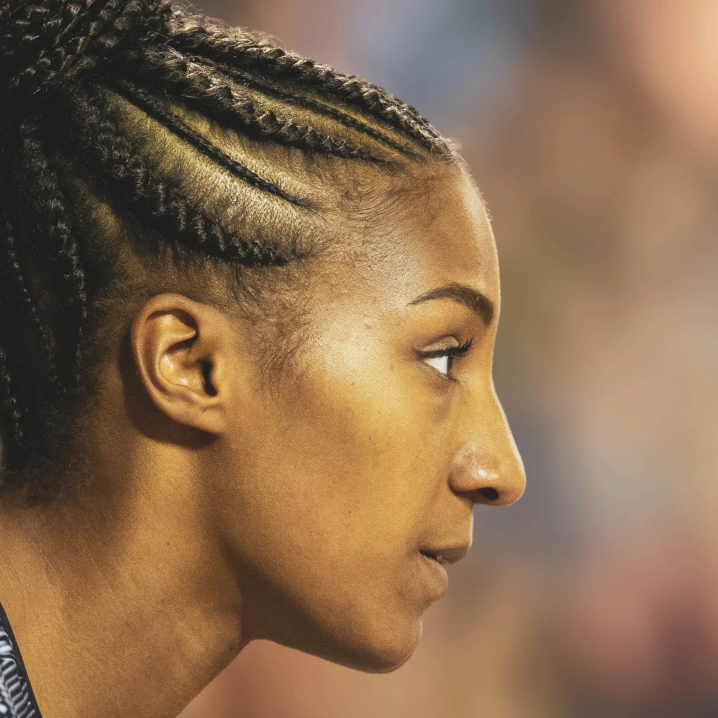 Close-up of a woman with dark, textured braided hair styled in neat, small sections, showing her side profile with a focus on her hair, ear, and face, against a blurred background.
