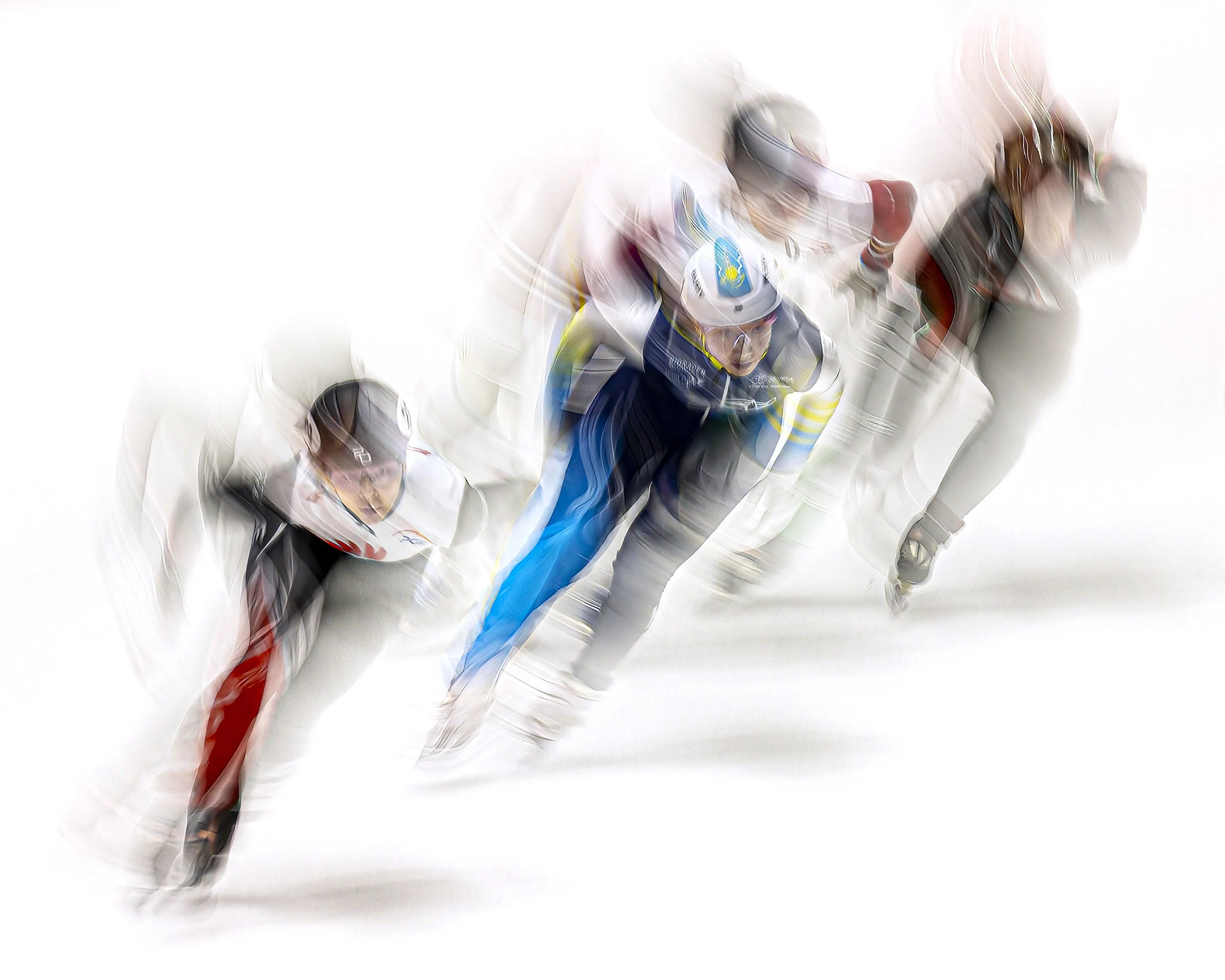 A group of athletes running in a race, depicted with motion blur against a white background.