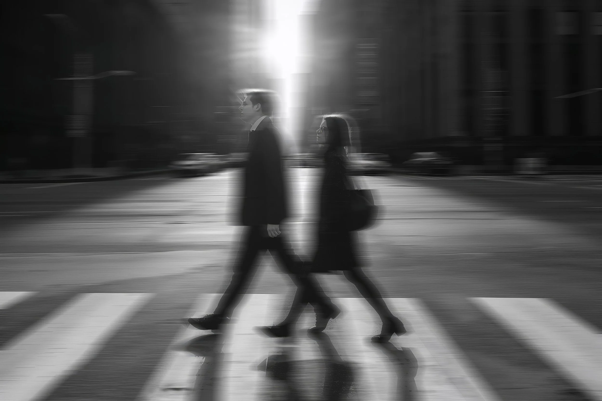 Black and white photo of a man and woman walking across a crosswalk in an urban setting, with a bright light shining behind them and a blurred cityscape in the background.
