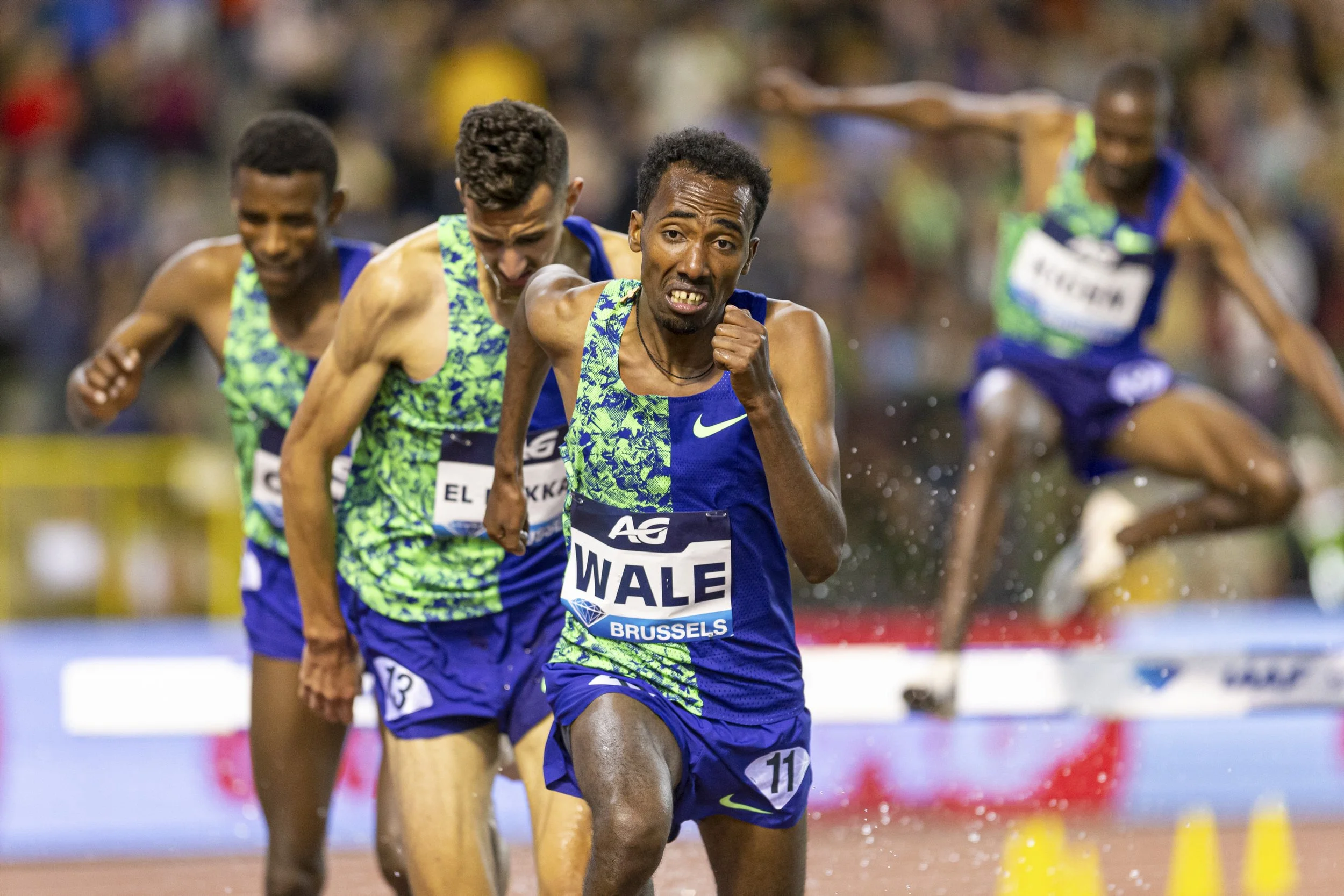 Track and field race with male athletes running, with focus on a runner in front wearing a blue and green uniform with 'WALE' on the bib, competing in a race at Brussels.