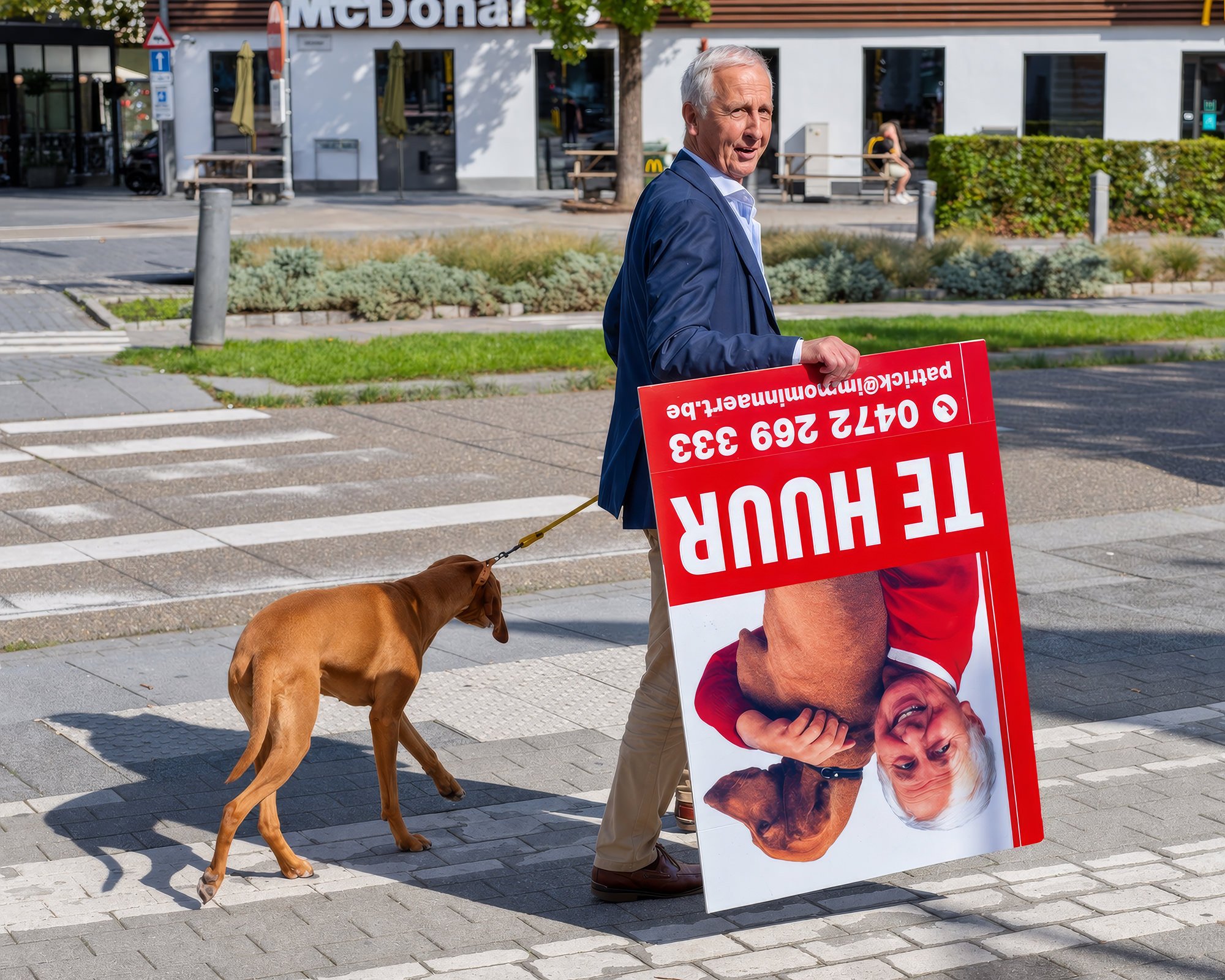 A man in a blue blazer holding a political campaign sign on a city sidewalk, with a brown dog on a leash nearby. In the background, there is a McDonald's restaurant and a woman sitting on a bench.