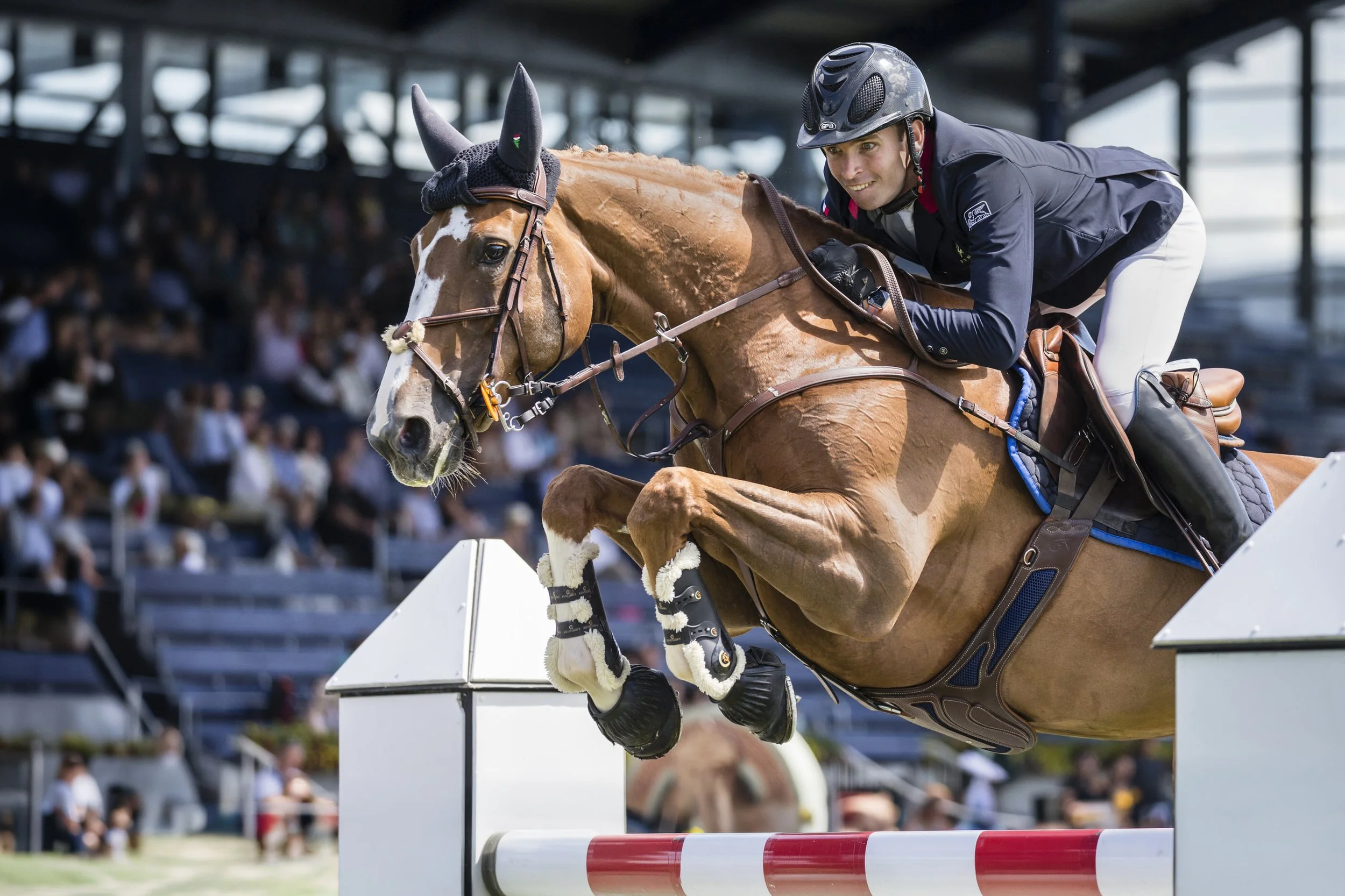 A male equestrian rider in a black helmet and jacket, white riding pants, riding a chestnut horse, in a competitive show jumping event with a crowd watching in the background, as the horse jumps over a red and white obstacle.