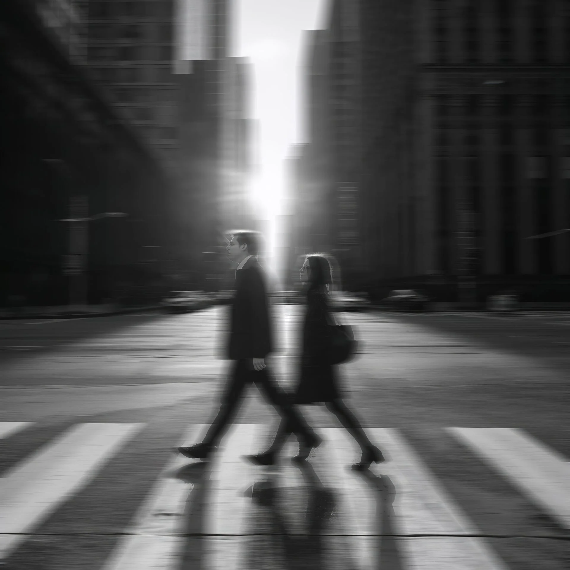 Black and white photo of two pedestrians walking across a crosswalk in an urban area with tall buildings and a bright light in the background.