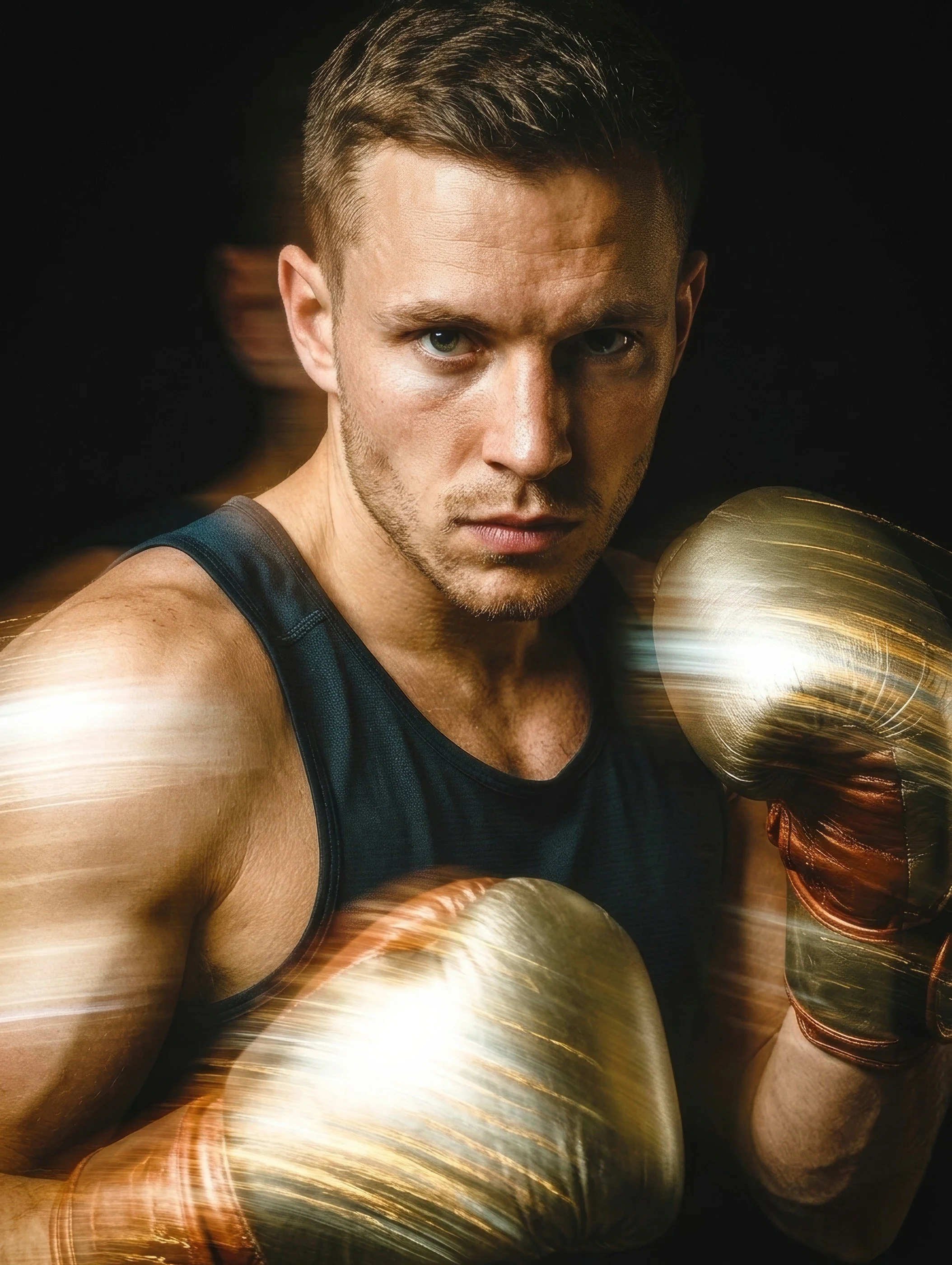 A man wearing a black sleeveless athletic shirt with boxing gloves in a boxing stance, with dynamic motion blur and light streaks around him.