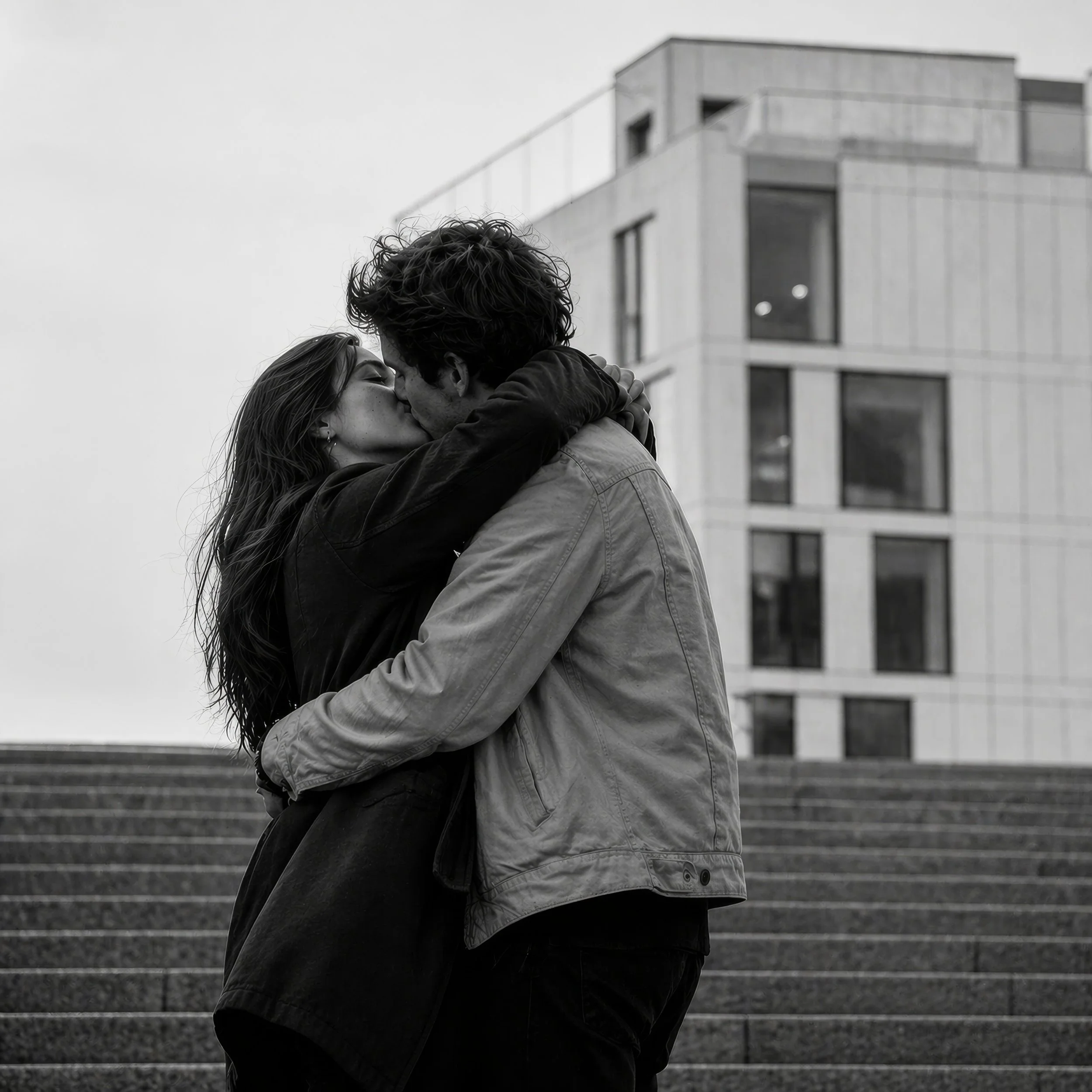 A black-and-white photo of a couple embracing and kissing outdoors, with a modern building and stairs in the background.