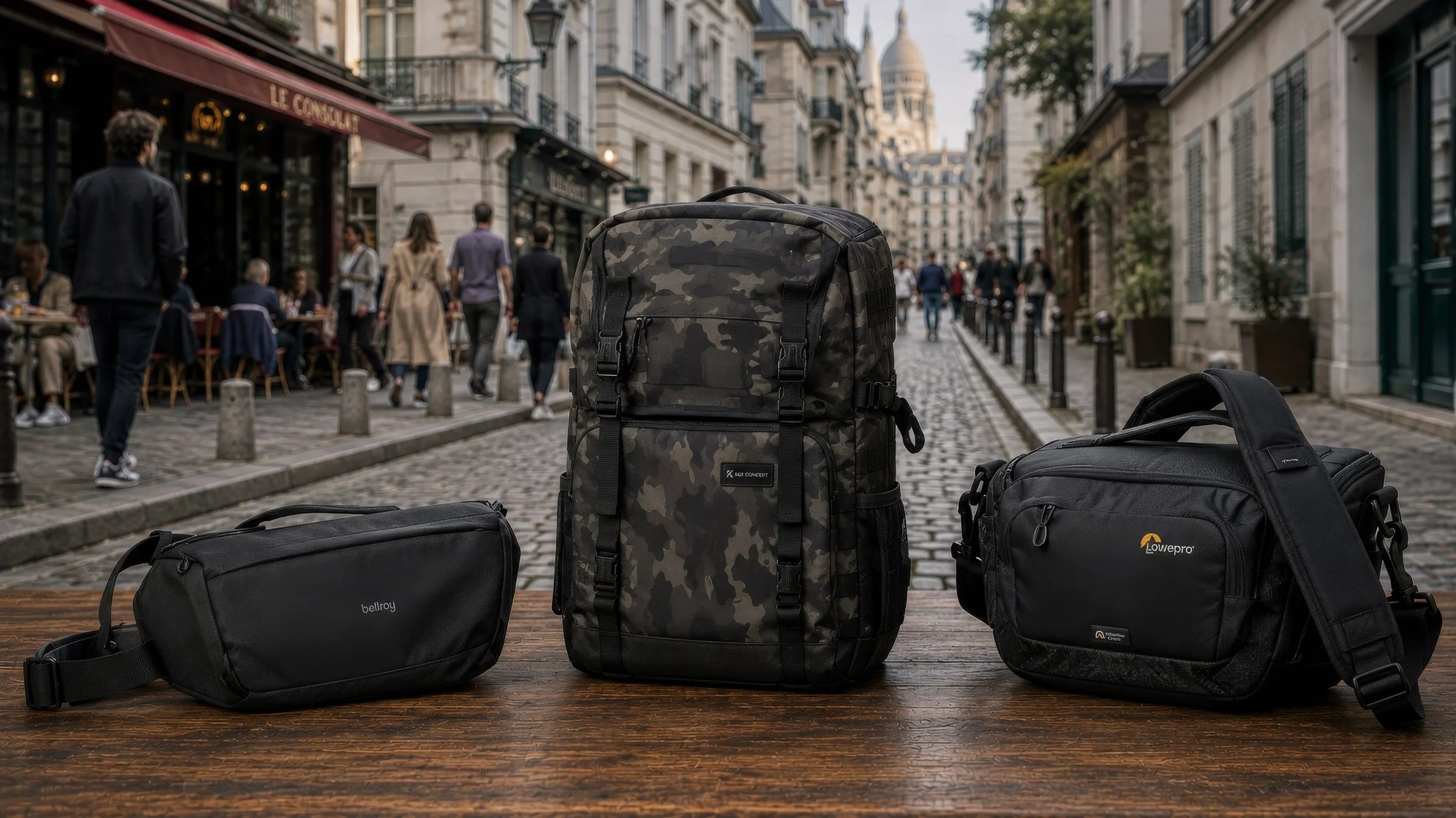 Camera bags on a table in a busy street in Paris. Huub Keulers Fine-art street photography