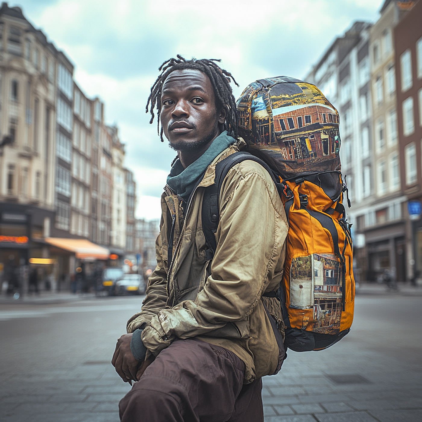 A young man with dreadlocks wearing a tan jacket and brown pants, carrying an orange and black backpack with cityscape artwork, sitting on a city street with buildings and cars in the background.