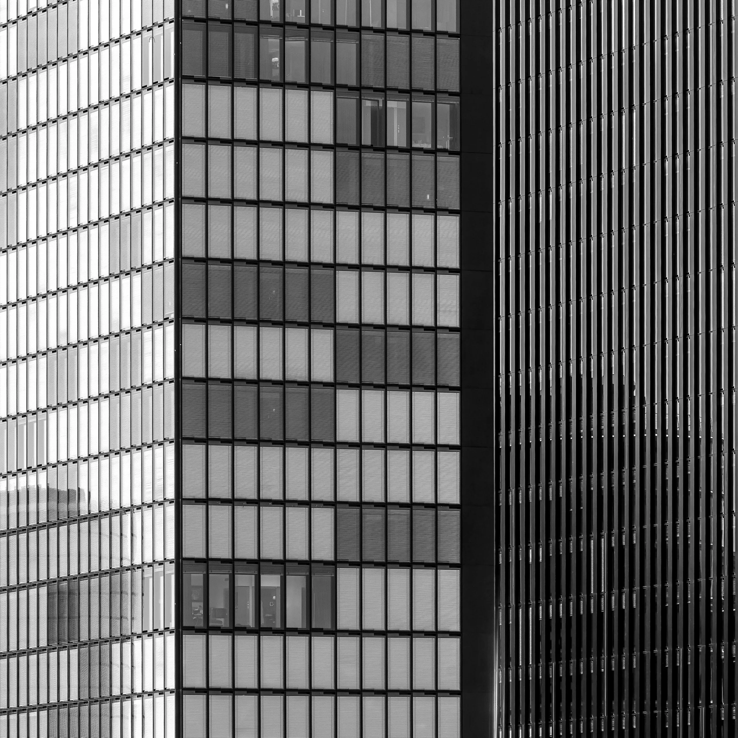 Close-up view of a modern building's exterior with glass windows and vertical and horizontal metal framing elements.
