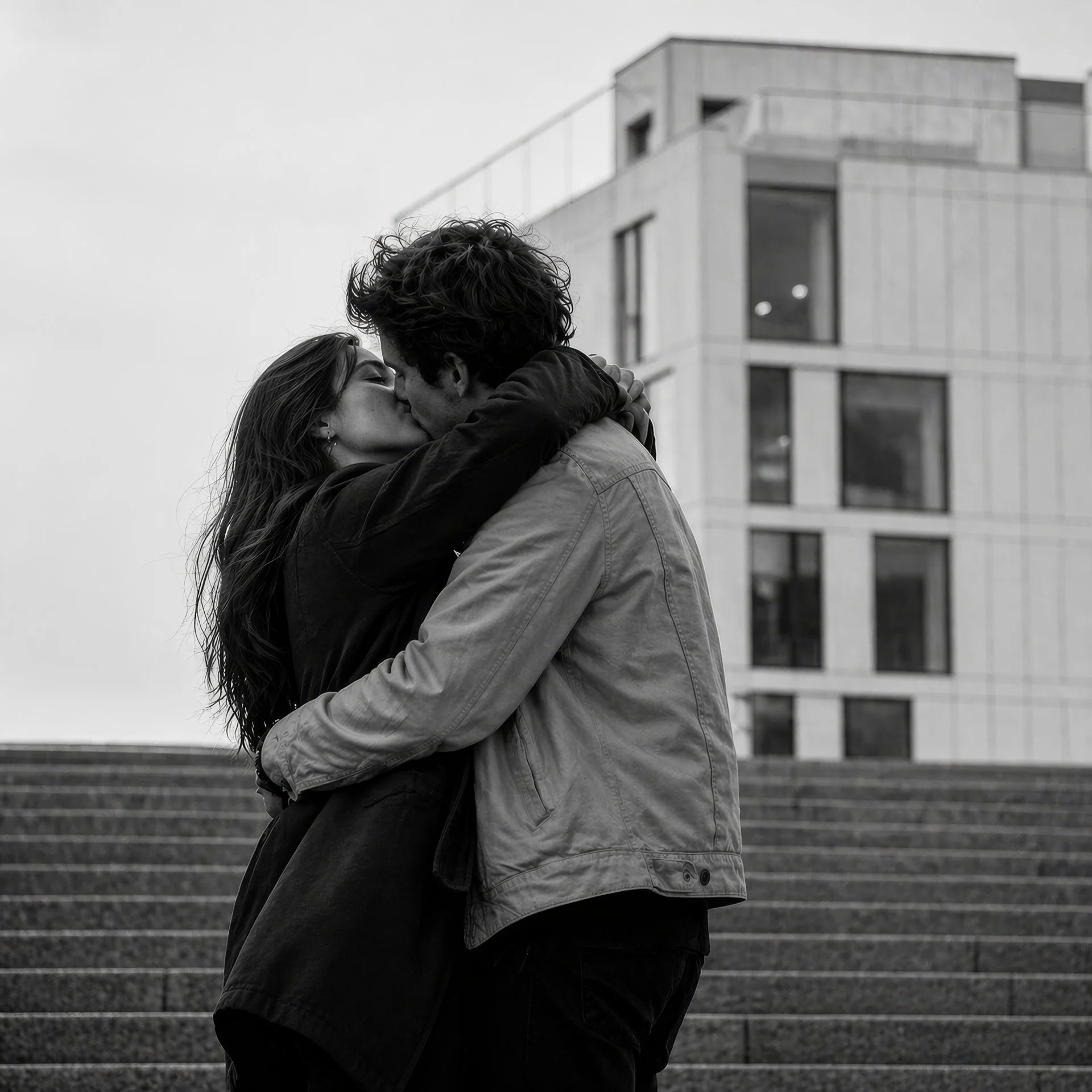 A black and white photo of a couple kissing on a staircase outside a modern building, with the woman in a jacket and the man in a coat.