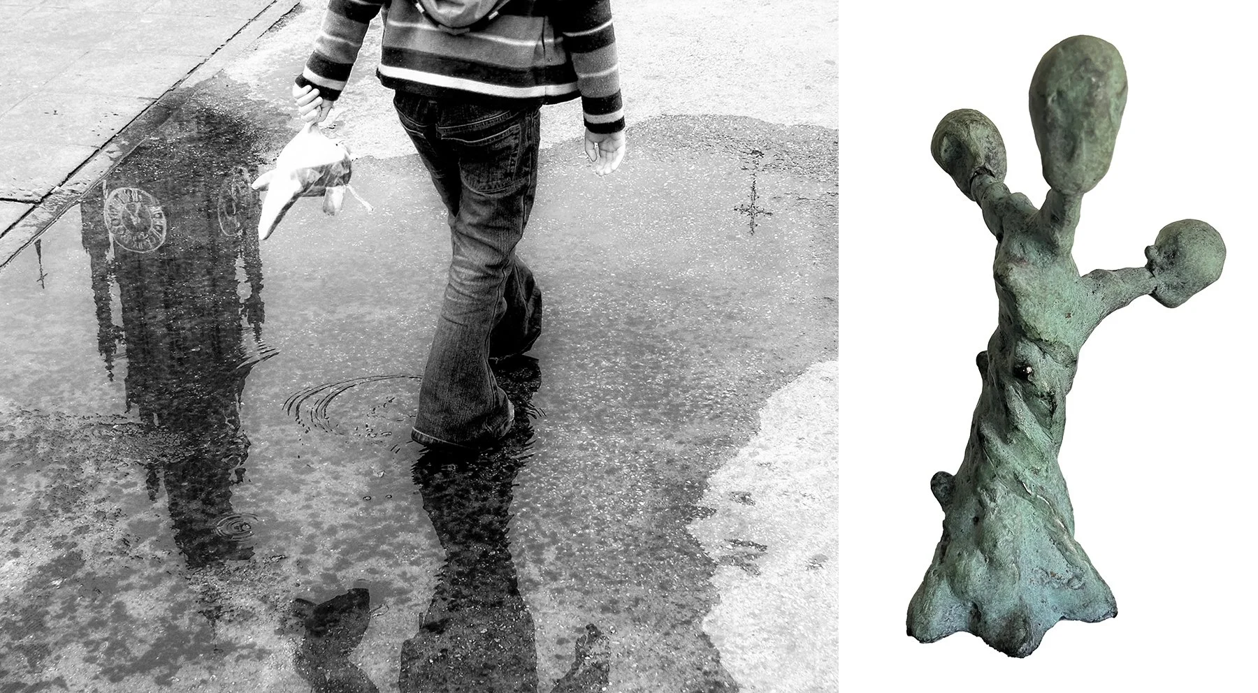 A child walking through a puddle on a sidewalk with a plastic bag in hand, and a close-up of an abstract bronze sculpture resembling a tree with three rounded protrusions.