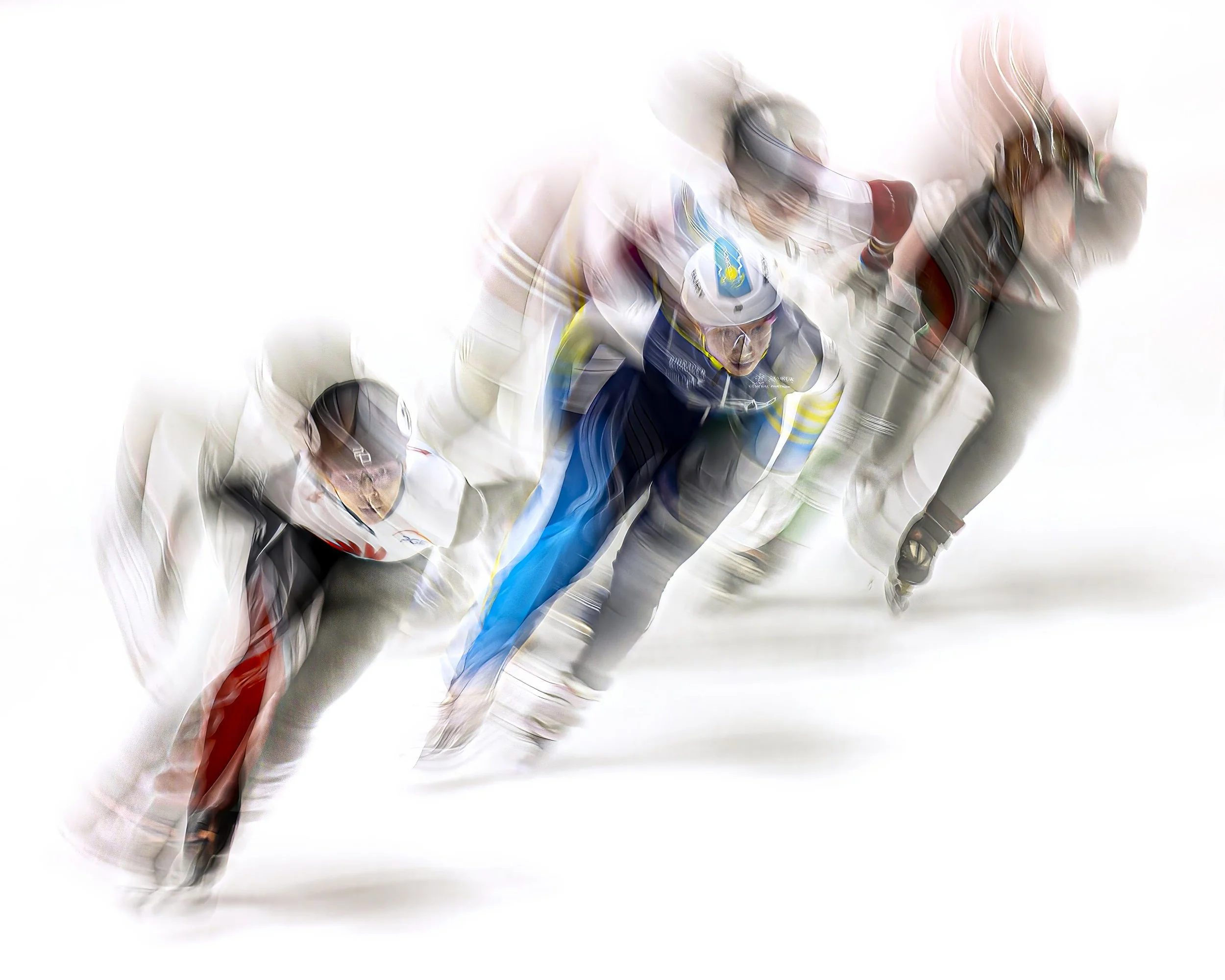 Blurred image of a group of runners in a race, wearing athletic clothing and headbands, with a white background.