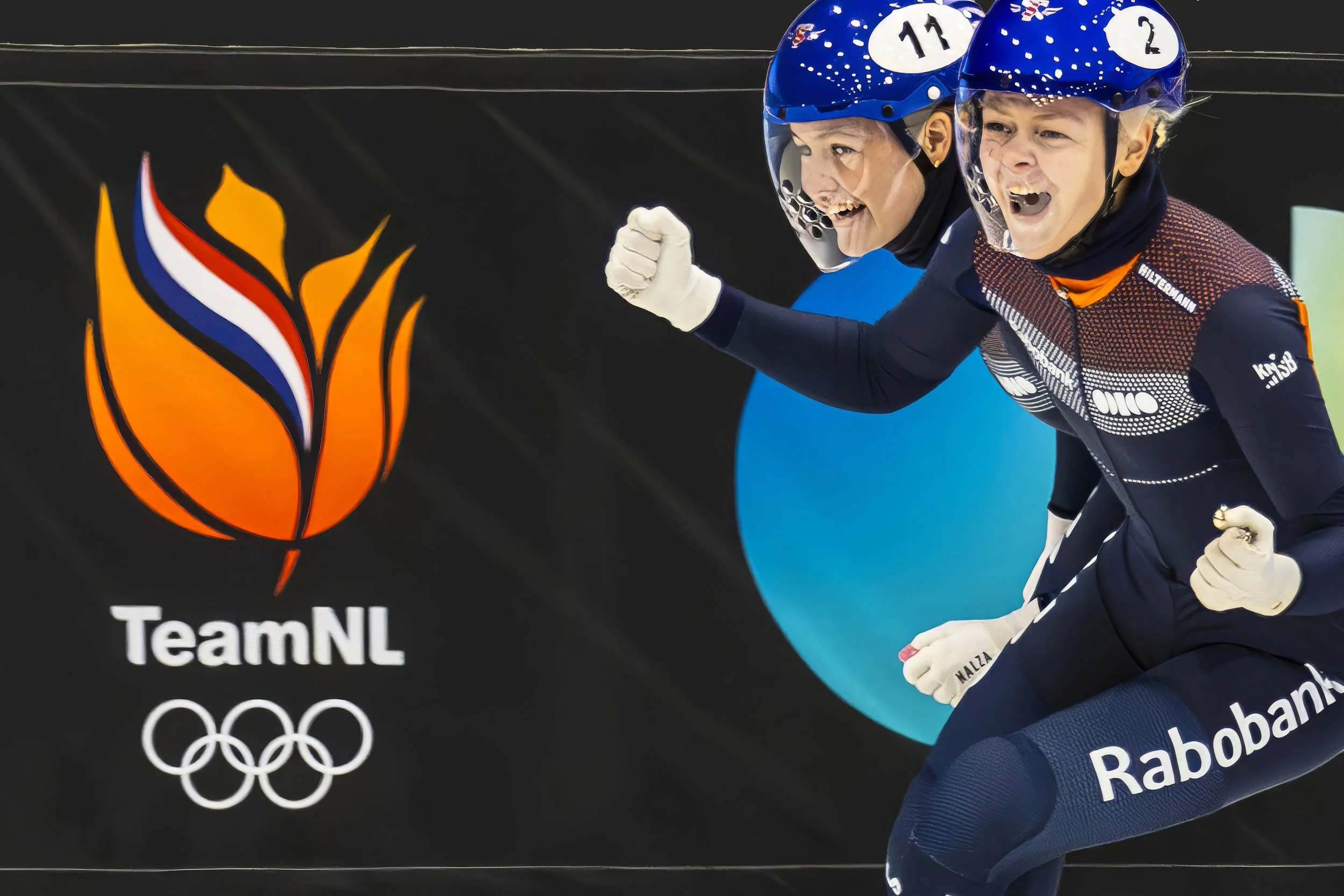 Two speed skaters celebrating victory with clenched fists, wearing blue helmets and suits with the Netherlands logo, on a black background with the Olympic rings, TeamNL logo, and a flame symbol.