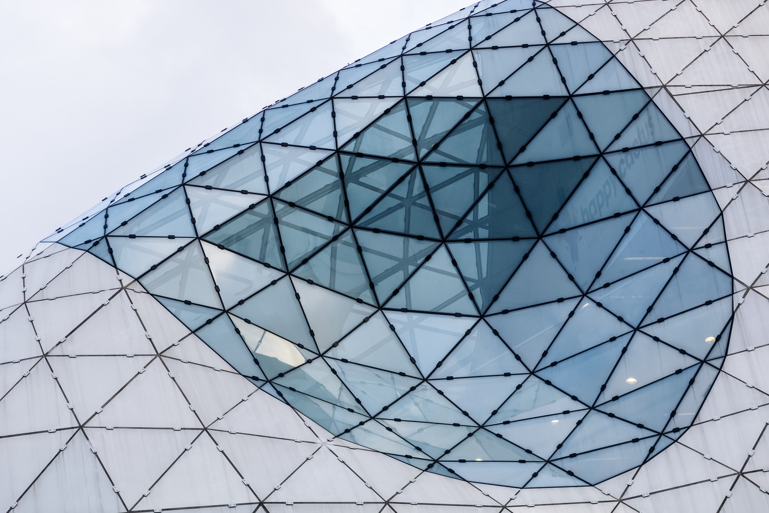 Close-up view of a modern building's glass facade with a geometric pattern of black lines and glass panels, with some reflections visible.