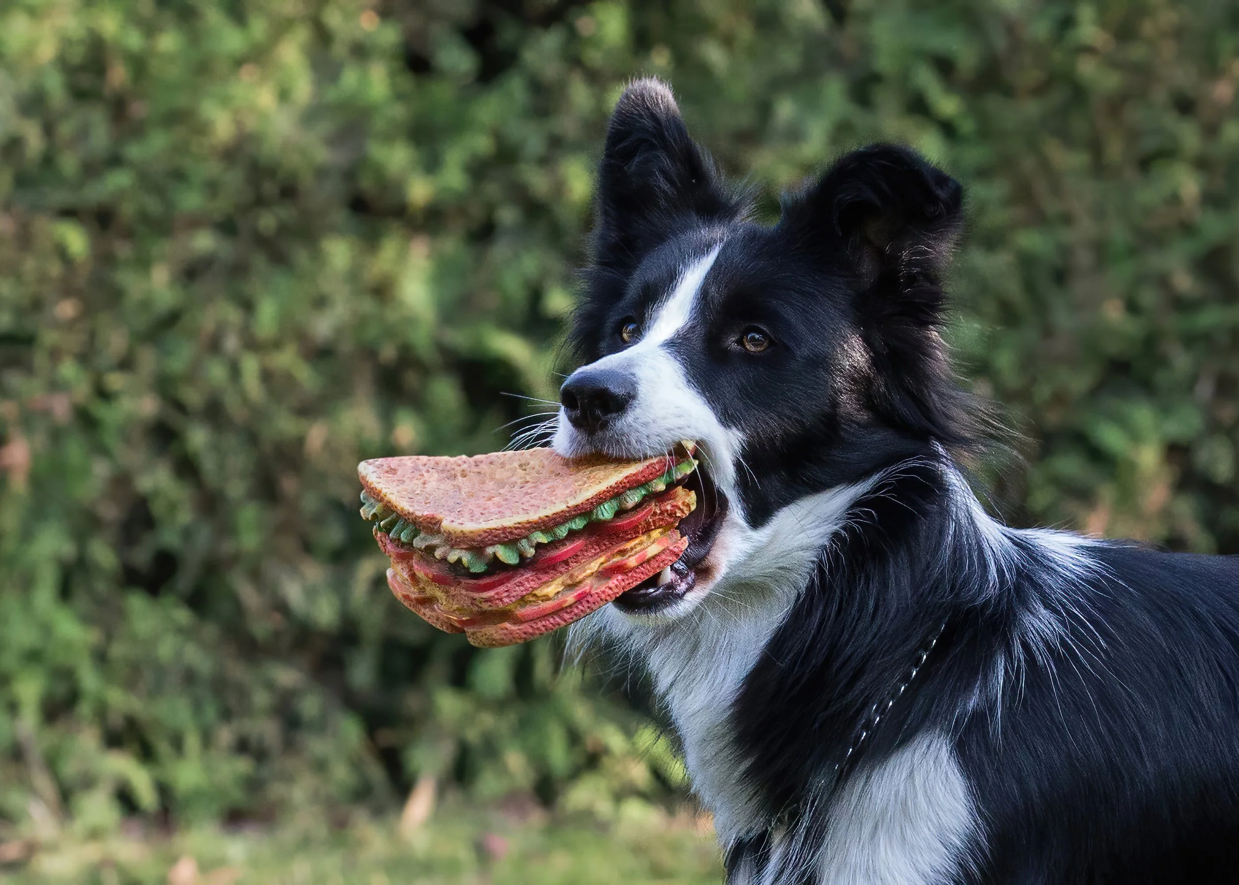A Border Collie dog holding a stack of colorful slices of pepperoni pizza in its mouth outdoors, with greenery and blurred leaves in the background.