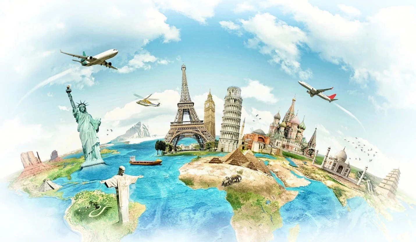 A digital collage of famous world landmarks on a globe, including the Statues of Liberty, Eiffel Tower, Leaning Tower of Pisa, Christ the Redeemer, Taj Mahal, and St. Basil's Cathedral. Airplanes and helicopters fly in the sky, and small boats sail on the water.