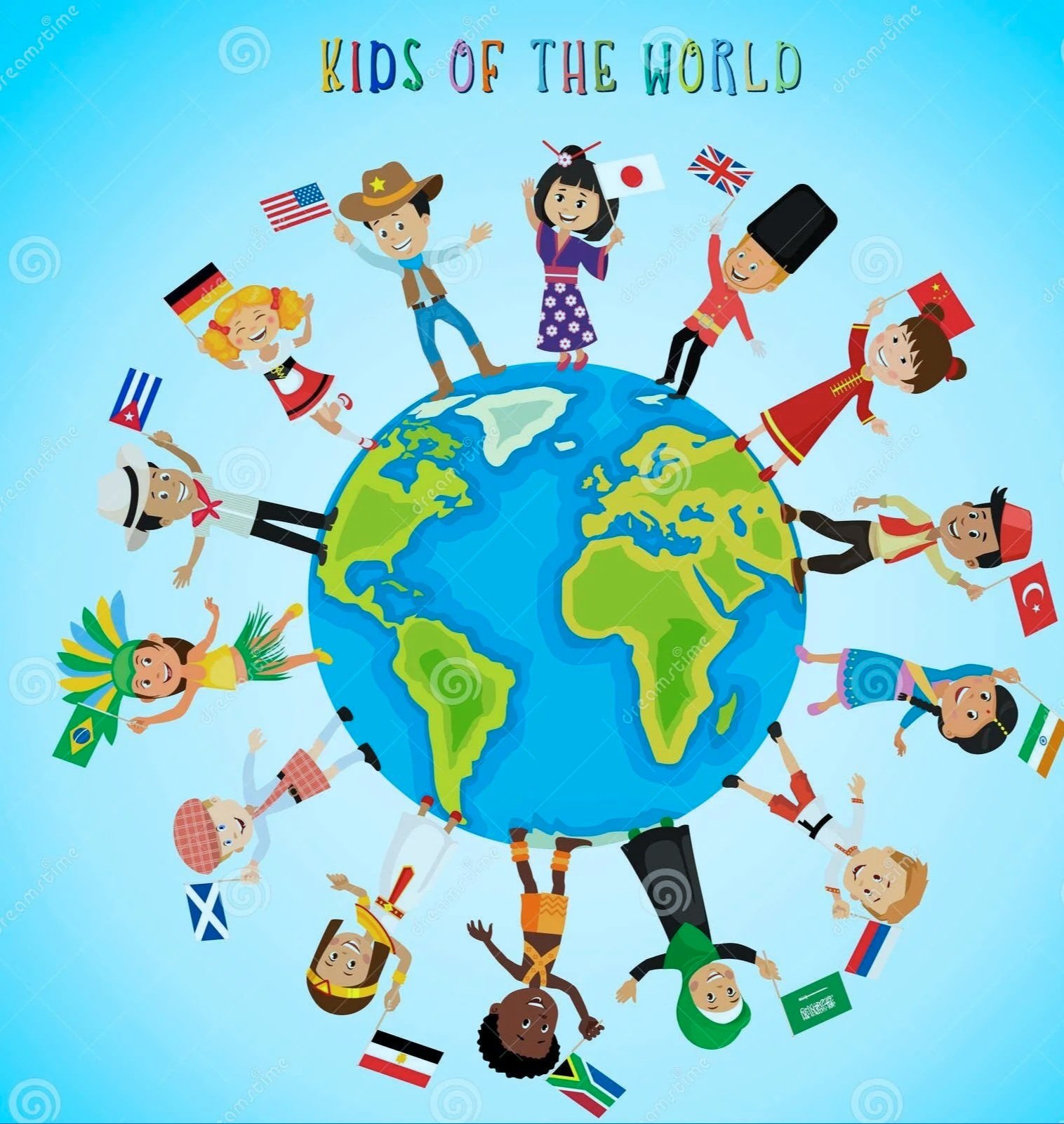 Children from around the world dressed in cultural attire, holding flags of different countries, standing on a globe, representing global diversity.