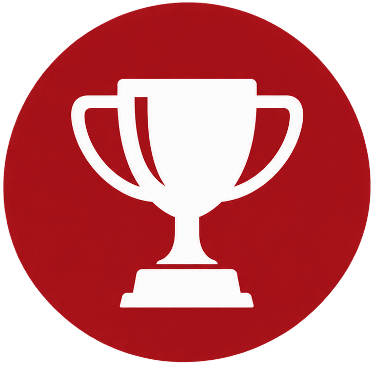White trophy icon on a red circular background.