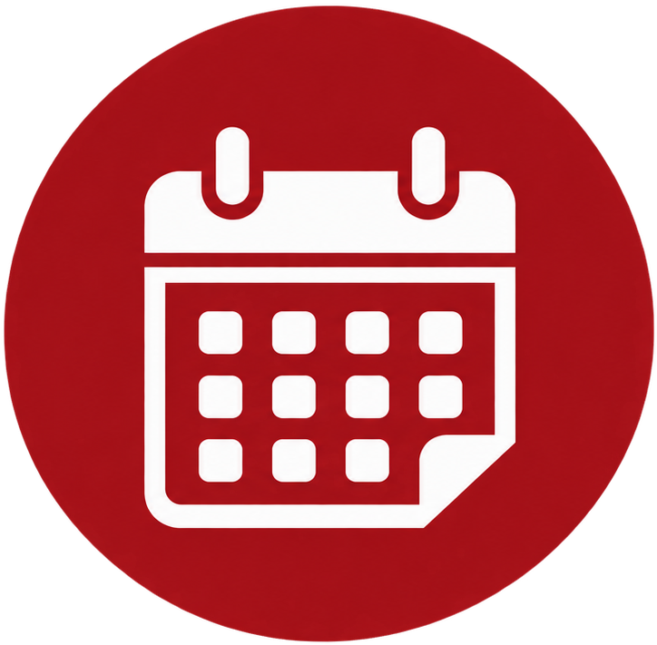Calendar icon on a red circular background.