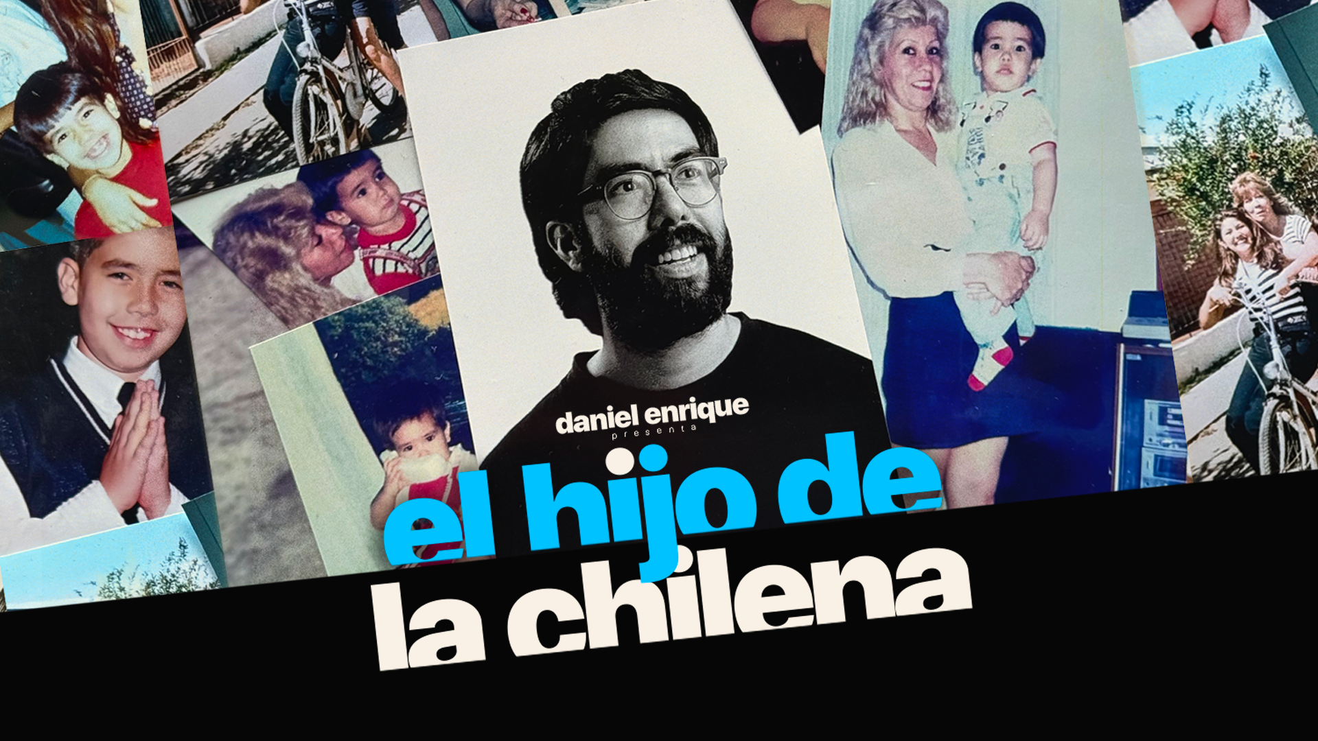 Collage de varias fotos familiares antiguas, con un retrato en el centro de un hombre con barba y lentes, con texto en español.