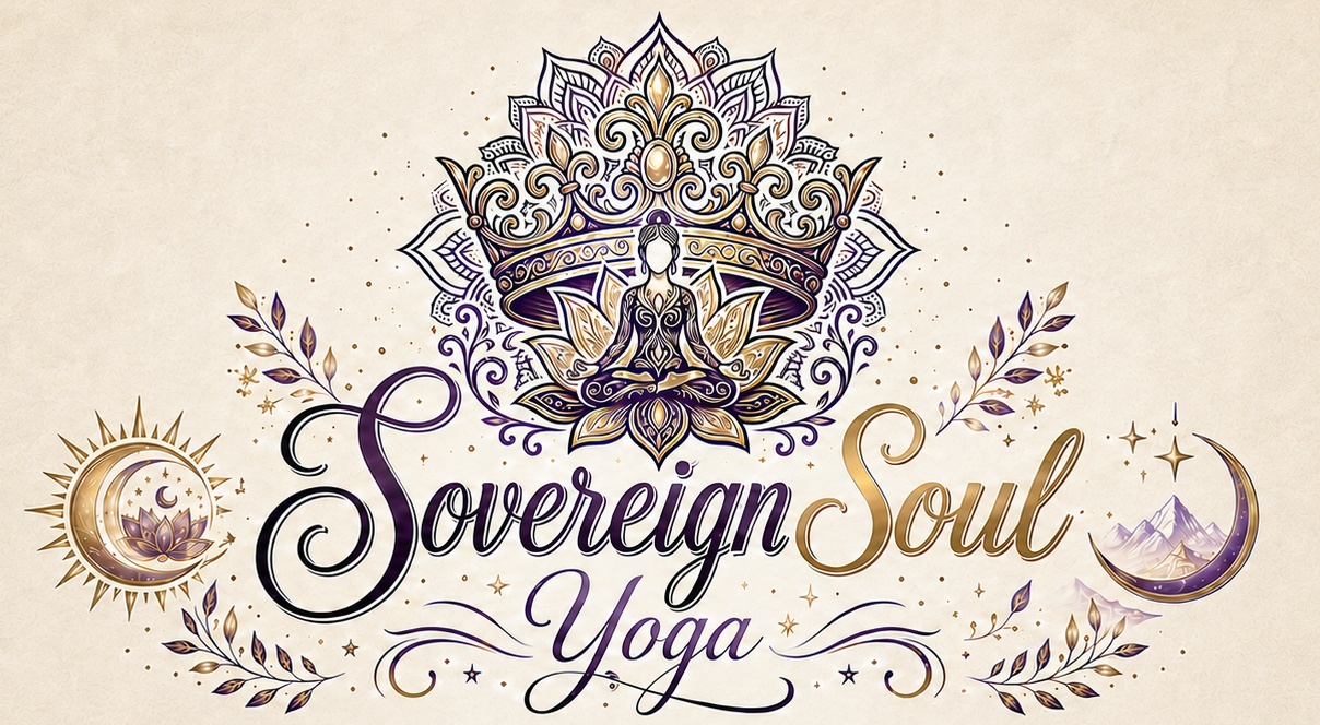Logo for Sovereign Soul Yoga featuring a woman meditating on a lotus flower with a decorative crown above her, surrounded by celestial symbols like the moon, stars, and mountains, set against a beige background.