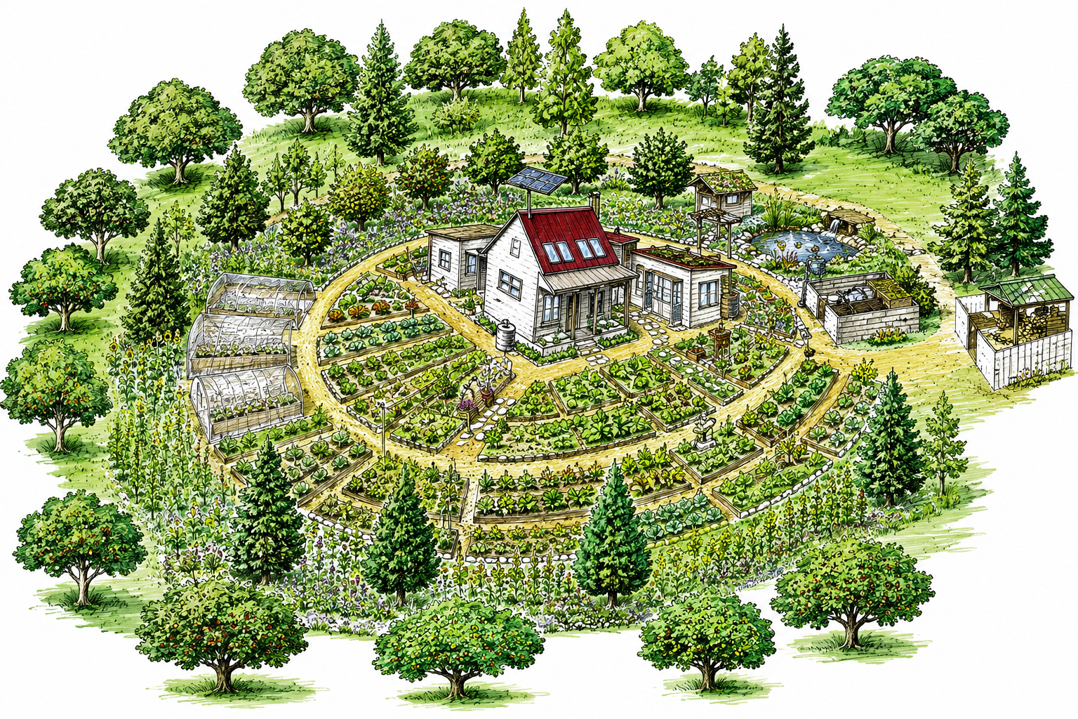 A detailed illustration of a garden with a house at the center, surrounded by vegetable beds, greenhouses, trees, and decorative elements, all enclosed in a lush green landscape.