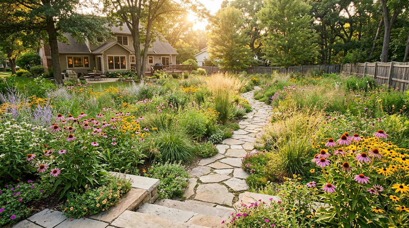 A lush garden pathway lined with colorful flowers leading to a house with a lawn and trees in the background, illuminated by warm sunset light.