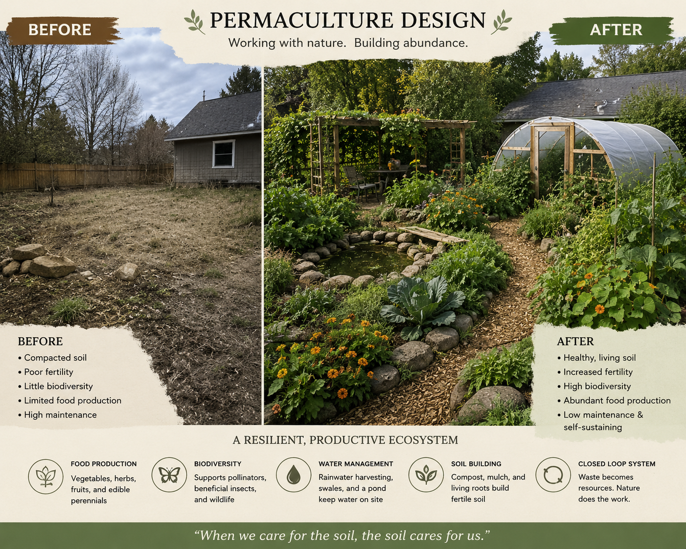 Comparison of a yard before and after implementing permaculture design. The before image shows a bare, compacted soil yard with poor fertility and limited biodiversity. The after image shows a lush, productive garden with healthy soil, abundant plants, and a pond, demonstrating increased biodiversity and sustainability.