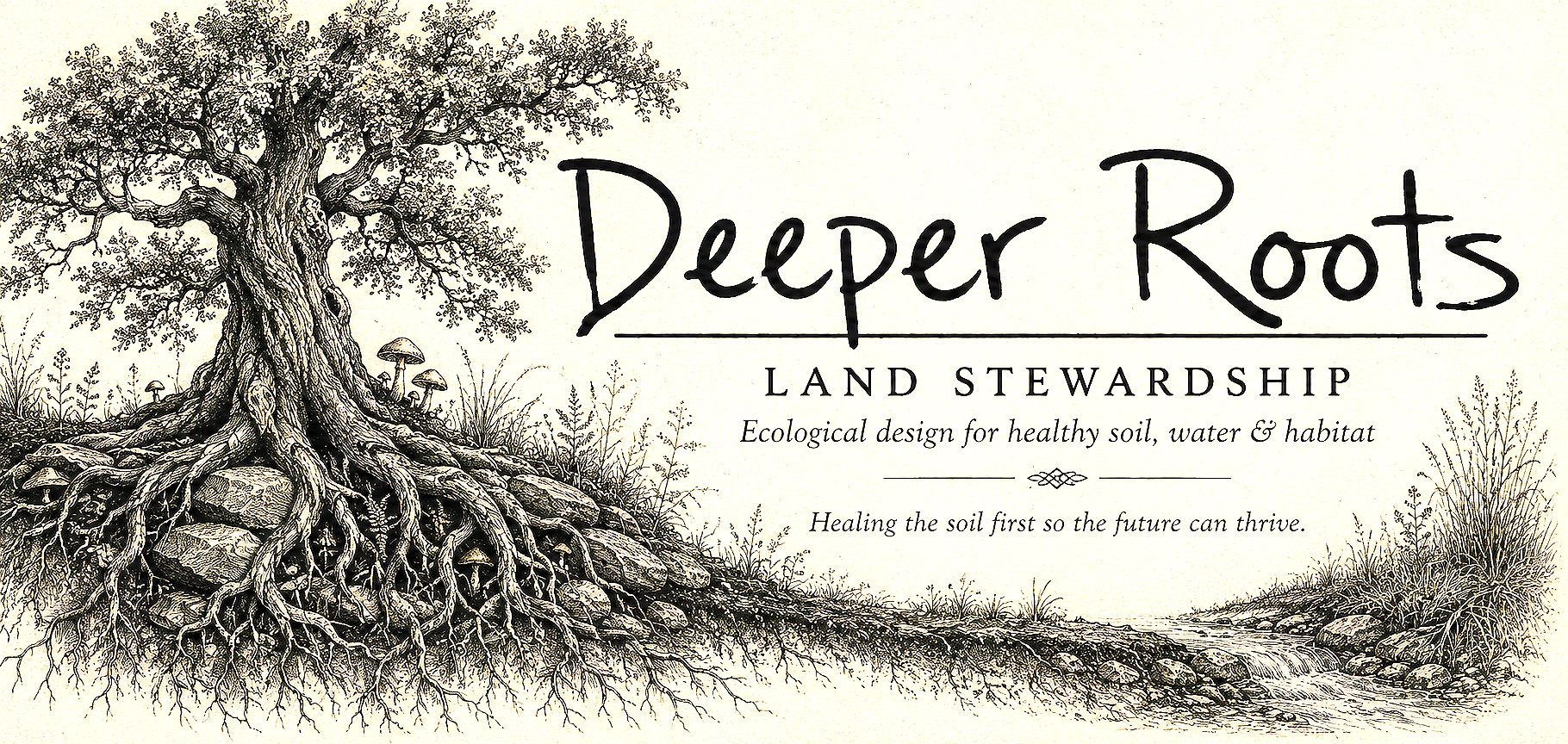 Close-up illustration of a large, mature tree with extensive roots spreading out into the soil, with mushrooms growing at the base. To the right, a small stream flows through a natural landscape. The image features text that reads 'Deeper Roots Land Stewardship,' and a tagline about ecological soil, water, and habitat health.