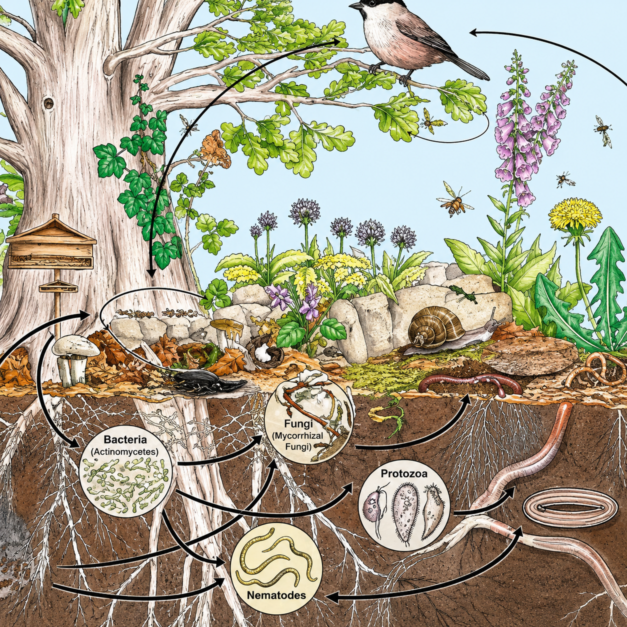 A cross-section of a forest floor showing various plants, fungi, insects, and animals. A bird perches on a branch of a large tree. Labels indicate parts of the soil ecosystem, including bacteria, fungi, protozoa, nematodes, and worms, with arrows illustrating their interactions. The image highlights the soil food chain and biodiversity beneath the ground.