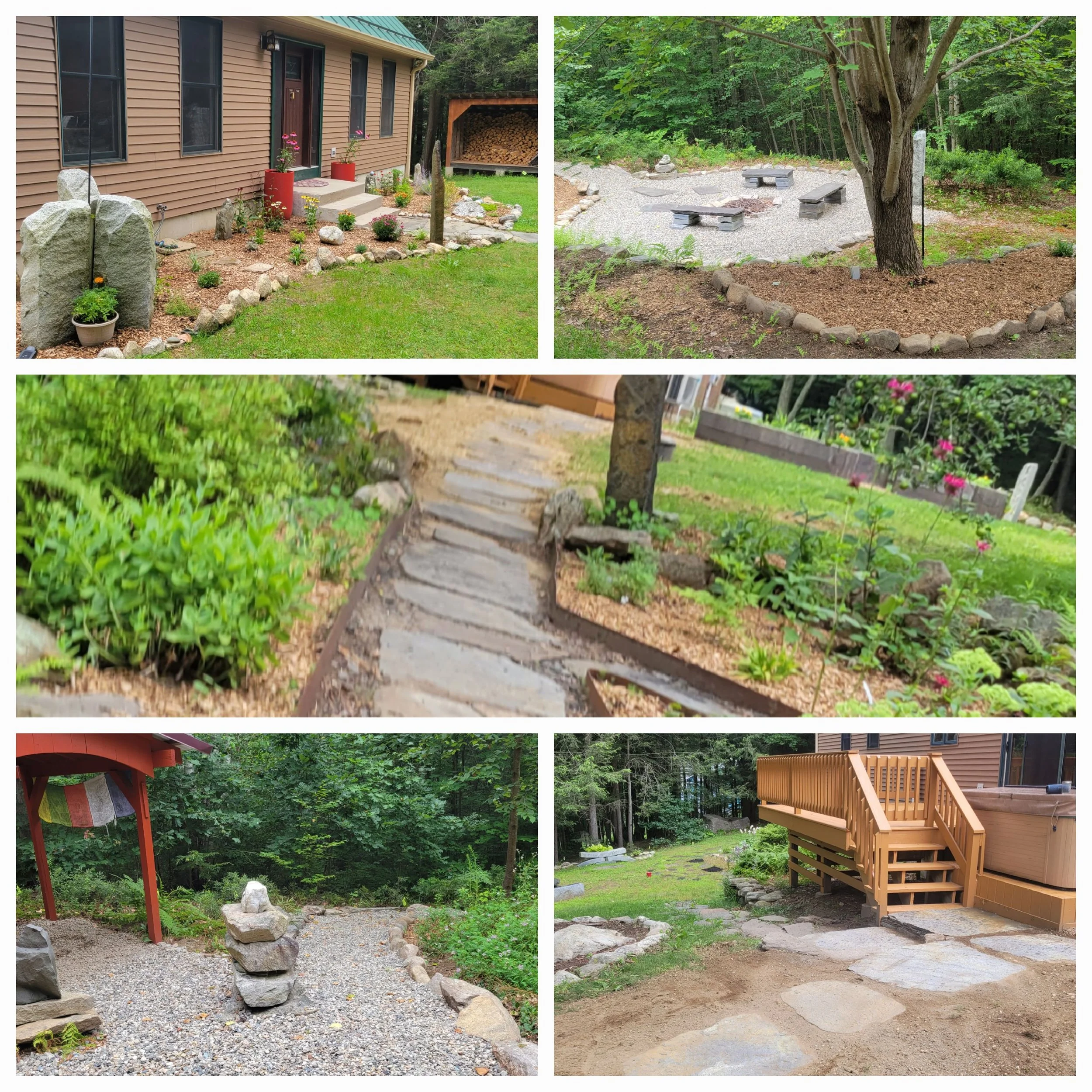 A collage of four images featuring various outdoor yard designs, including a garden with flowers and stones, a fire pit area with benches and a large tree, a staircase leading to a garden, and a wooden deck with steps.