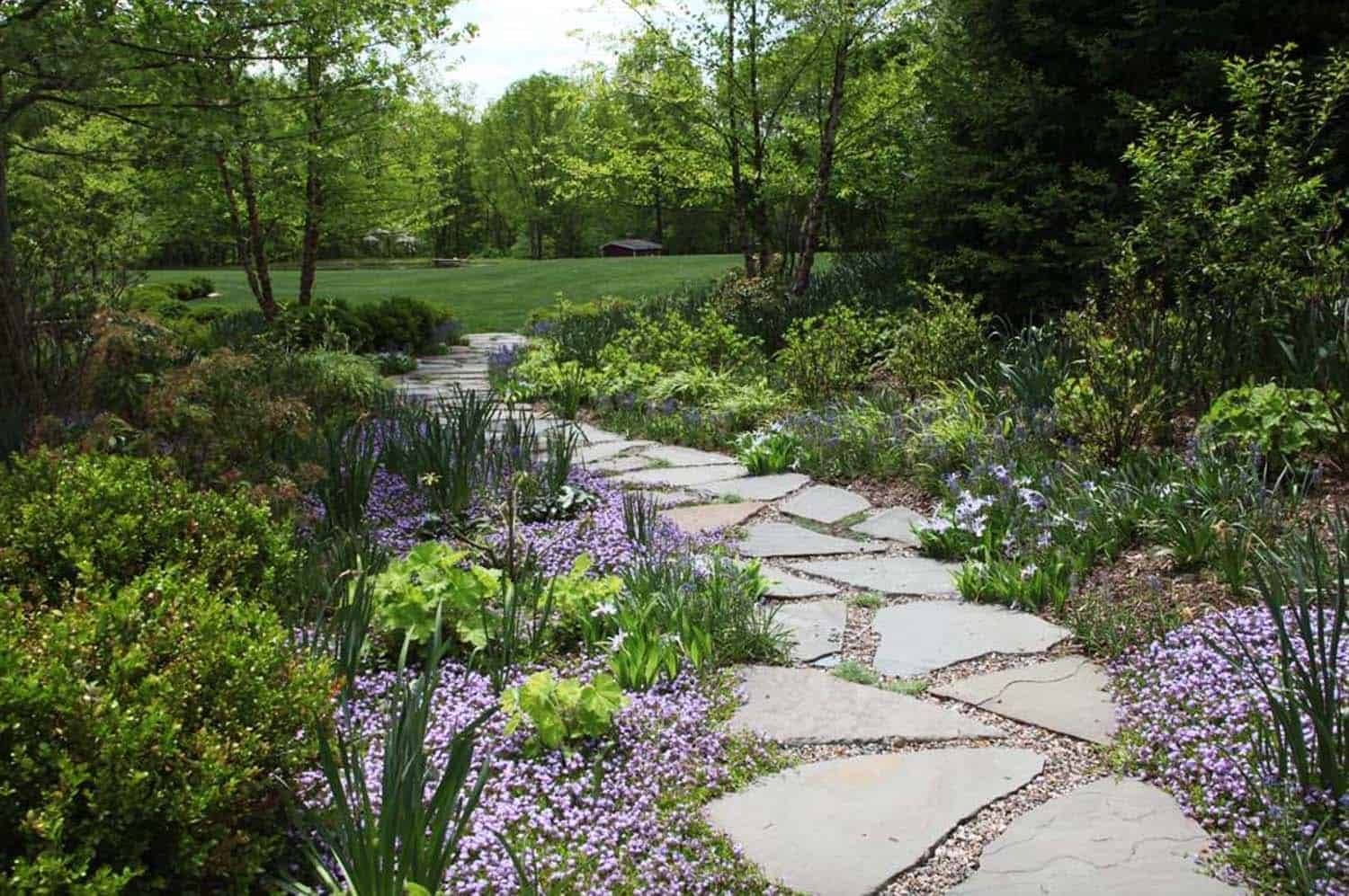 A garden with a stone pathway surrounded by various green plants and purple flowers, leading to a grassy area with trees in the background.