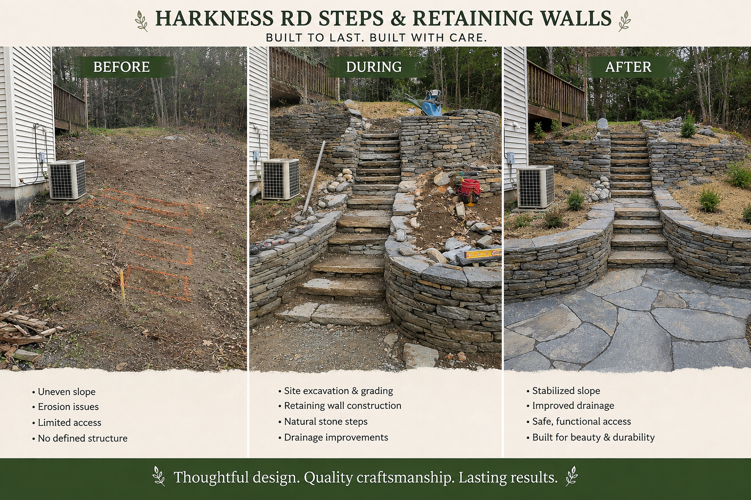 A three-panel outdoor landscape photo showing a before-and-after comparison of stone retaining wall construction on Harkness Road stairs. The first panel shows dirt stairs with an uneven slope and erosion issues, marked with orange spray paint. The second panel shows the ongoing construction process with natural stone steps and retaining walls. The third panel shows a finished, stabilized stone stairs with improved drainage, safety, and durability, with decorative plants around the retaining walls.