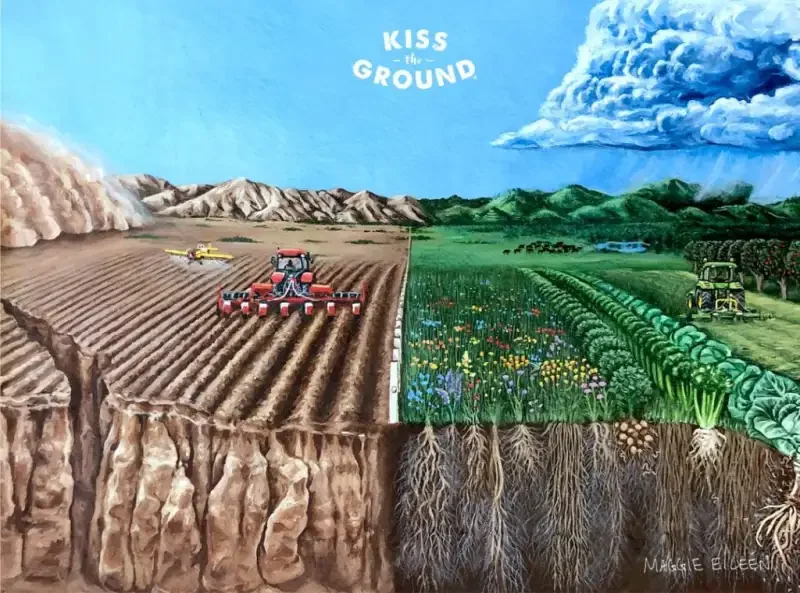 A painted landscape showing a farm divided into two parts. The left side depicts a barren, plowed field with farming equipment and mountains in the background. The right side shows a lush, green field with flowers, trees, and another piece of farming machinery, alongside a vibrant sky with clouds. The phrase "KISS the GROUND" is written in the sky.